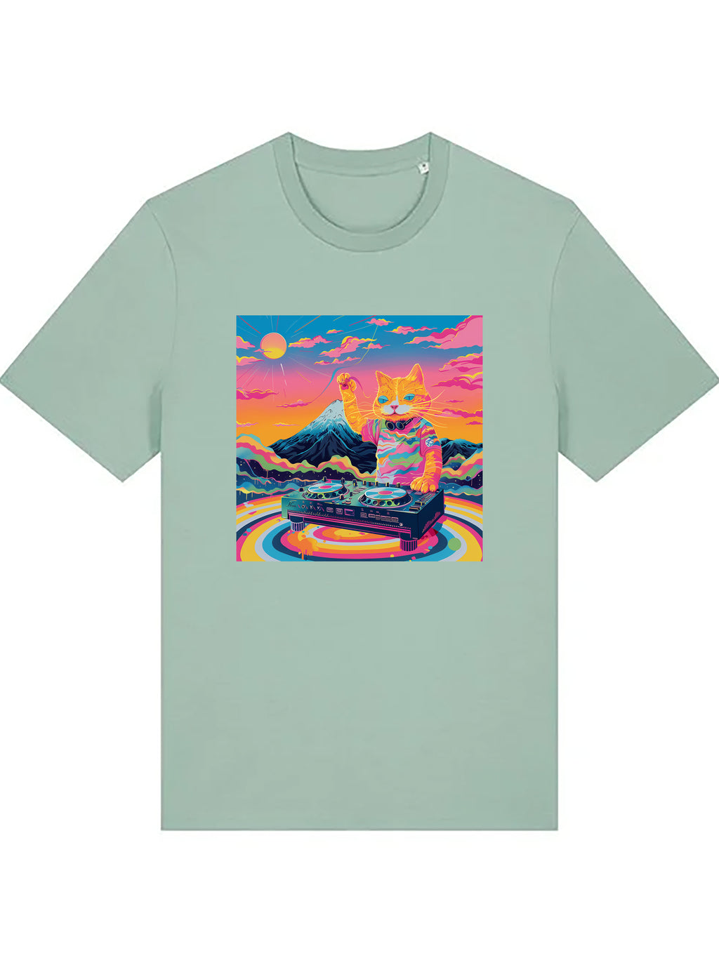 Premium organic cotton T-shirt featuring a vibrant Japanese-inspired illustration of a DJ cat performing in front of Mount Fuji, blending psychedelic colours with contemporary art aesthetics