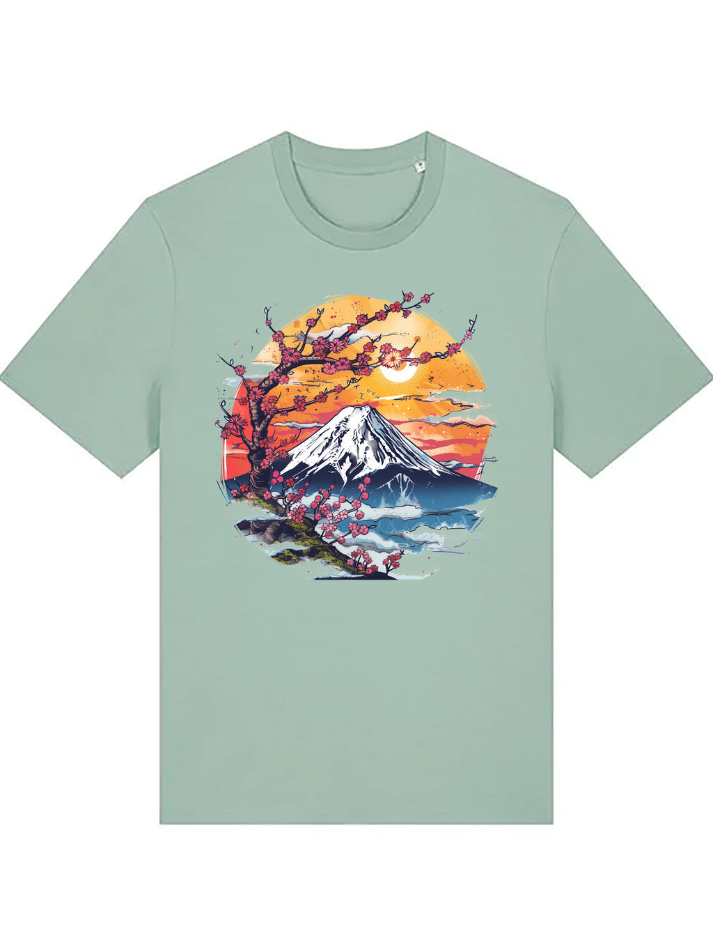 Mint green organic cotton T-shirt featuring a refined contemporary illustration of Mount Fuji and cherry blossoms, inspired by traditional Japanese art.