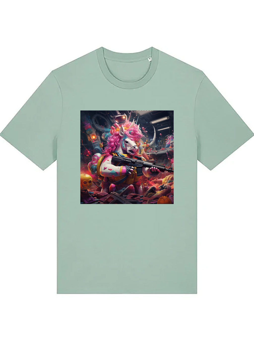 Light sage cotton T-shirt featuring a detailed psychedelic unicorn illustration, combining surreal sci-fi elements with a bold yet refined graphic style.