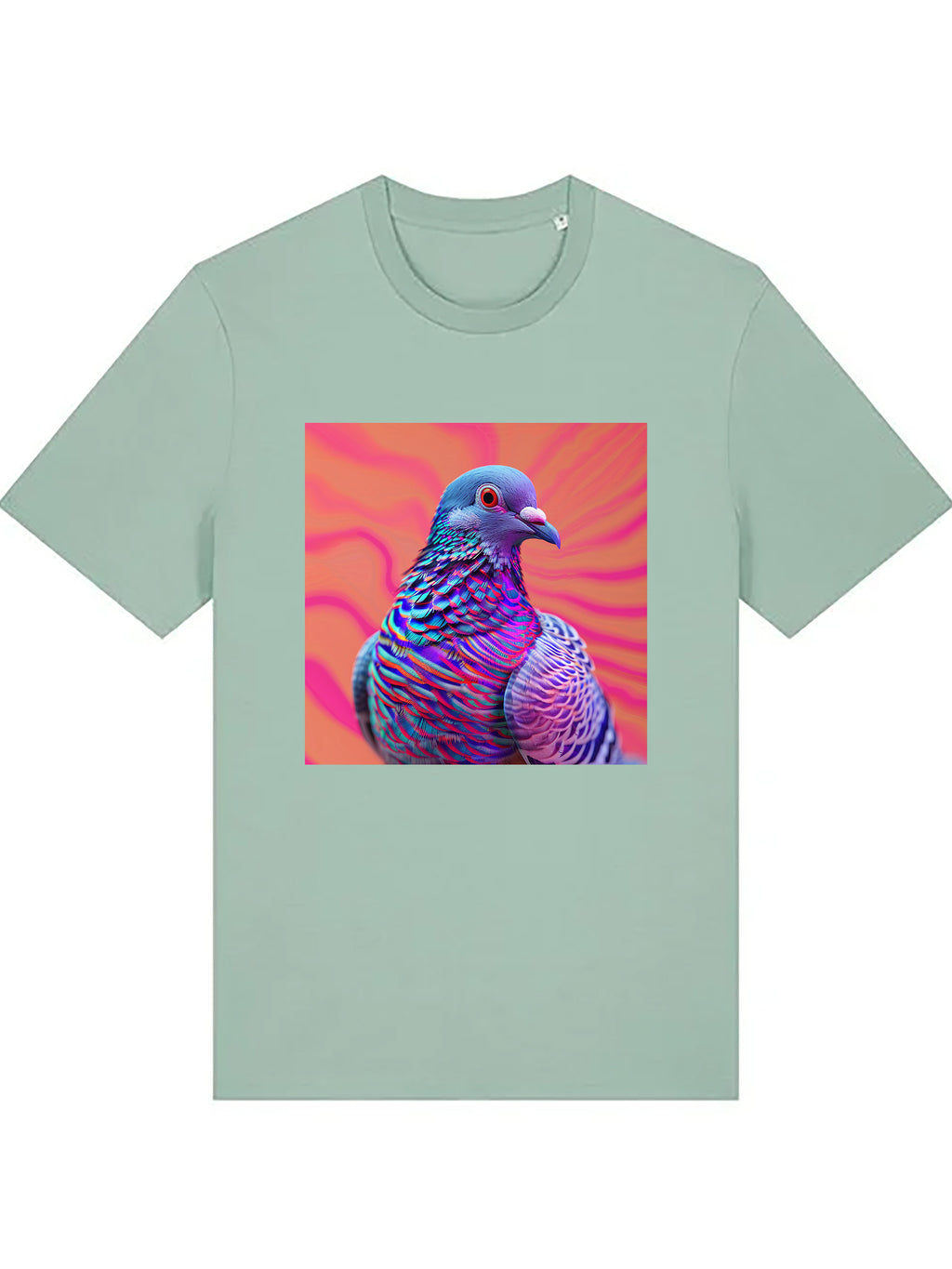 Mint green T-shirt featuring a vibrant, psychedelic-style pigeon illustration in neon colors on the front, with a square graphic design.
