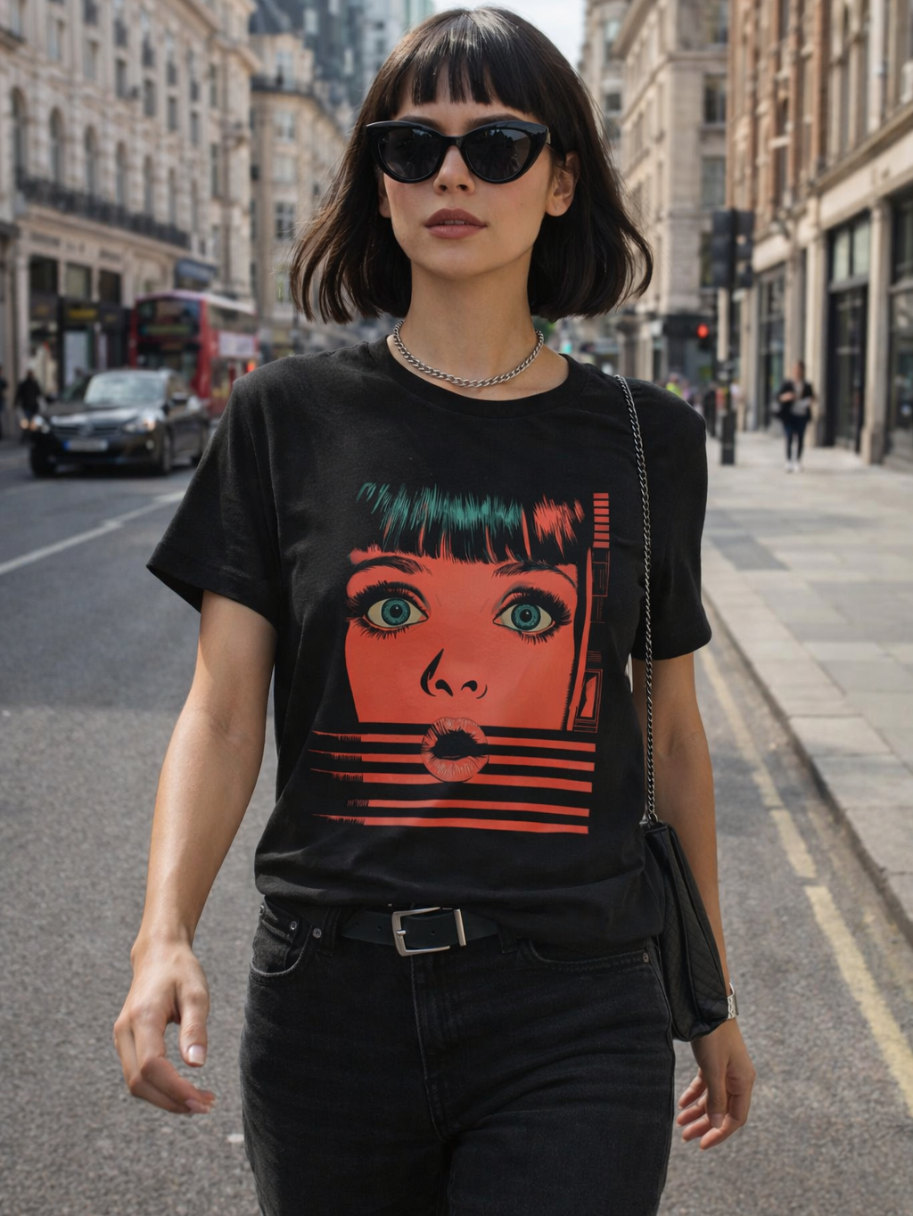 A black T-shirt featuring a bold graphic illustration of a stylised female face in red tones, worn by a woman walking confidently through a European city street.