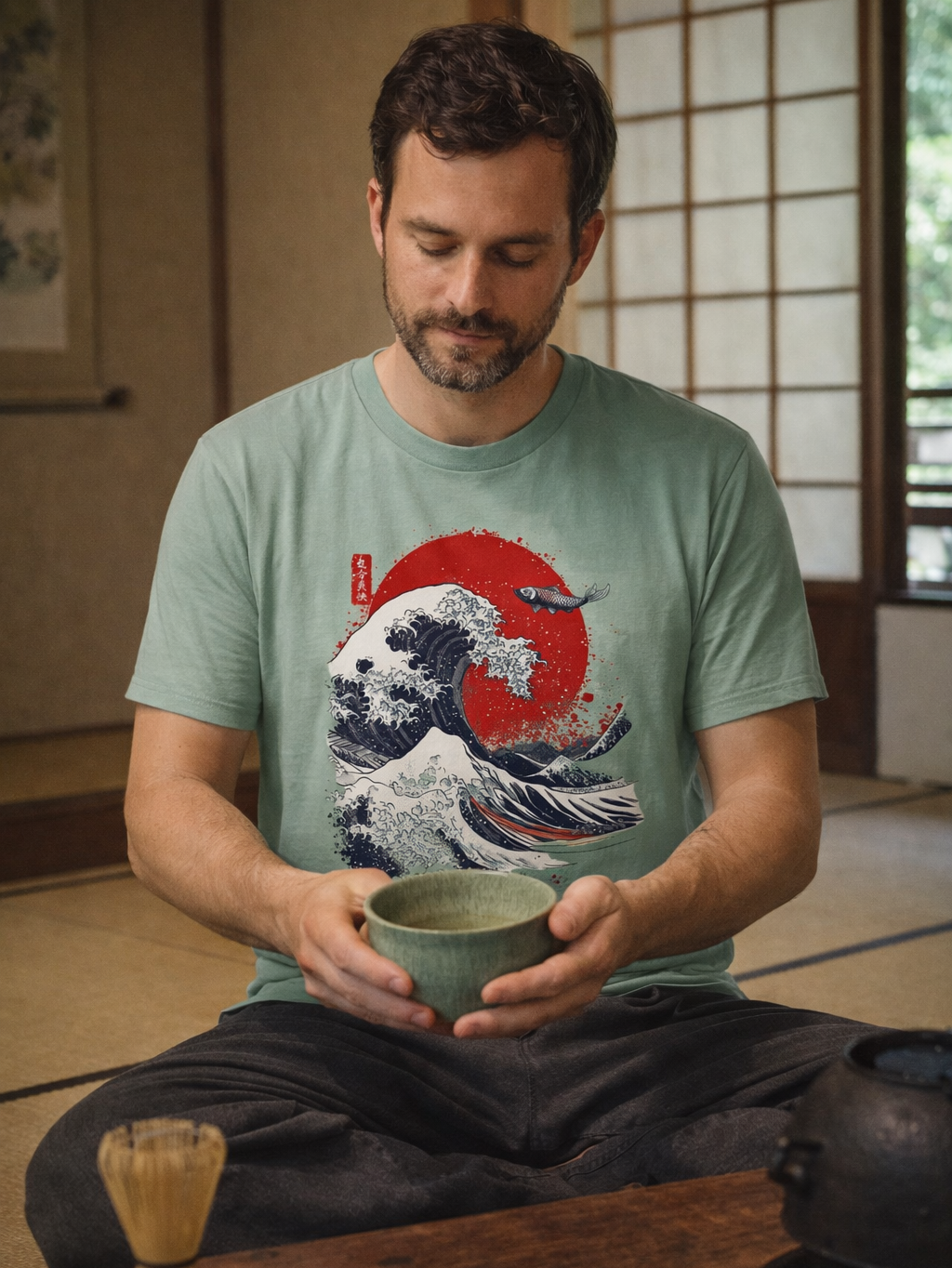 Wave and Koi fish Organic Cotton T-shirts