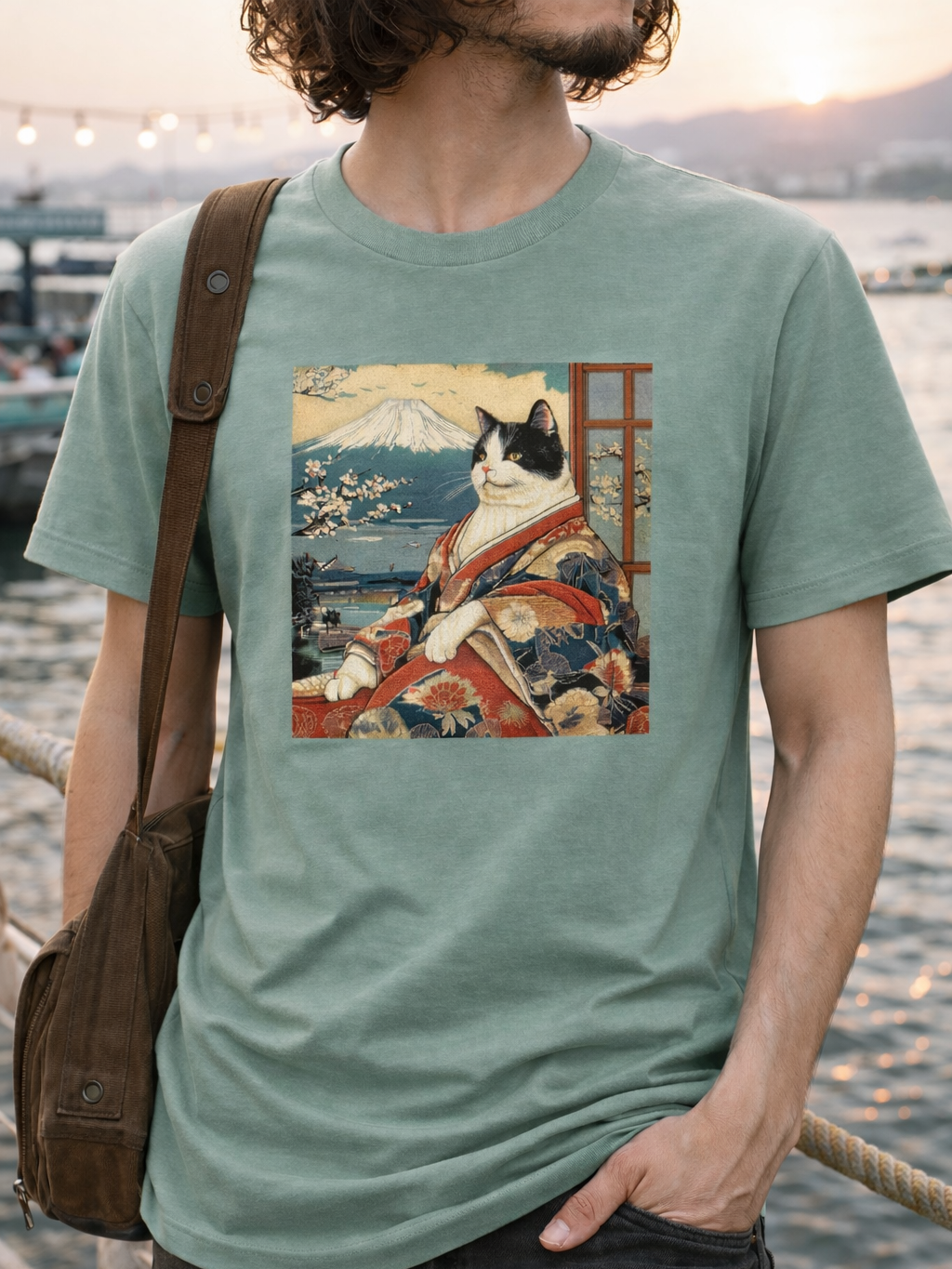 Samurai Cat and Mt.Fuji Organic Cotton T-shirts