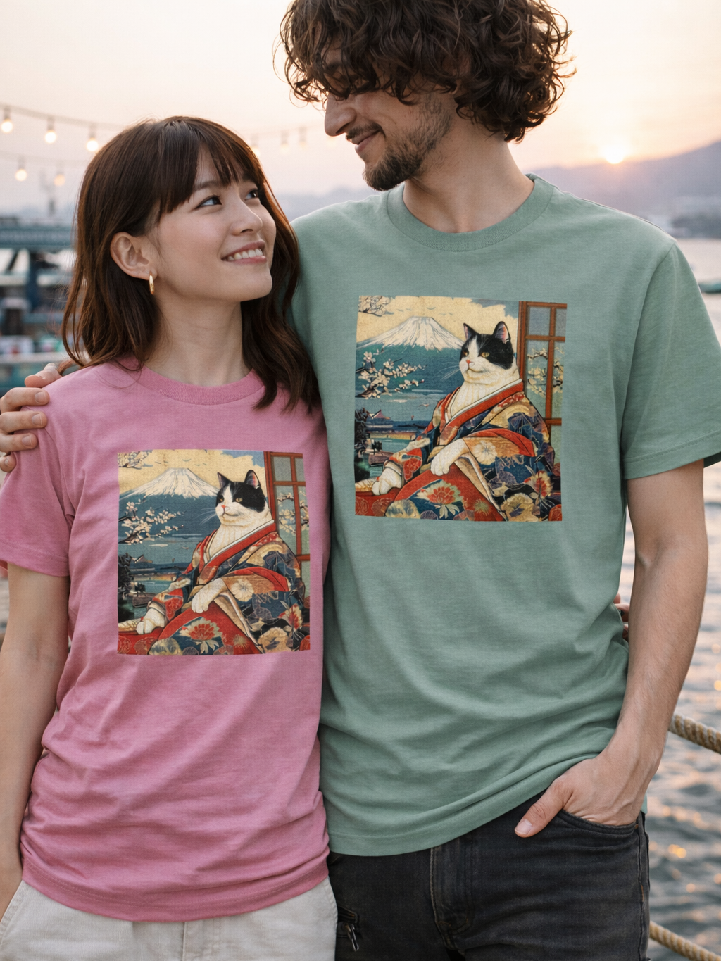 Samurai Cat and Mt.Fuji Organic Cotton T-shirts