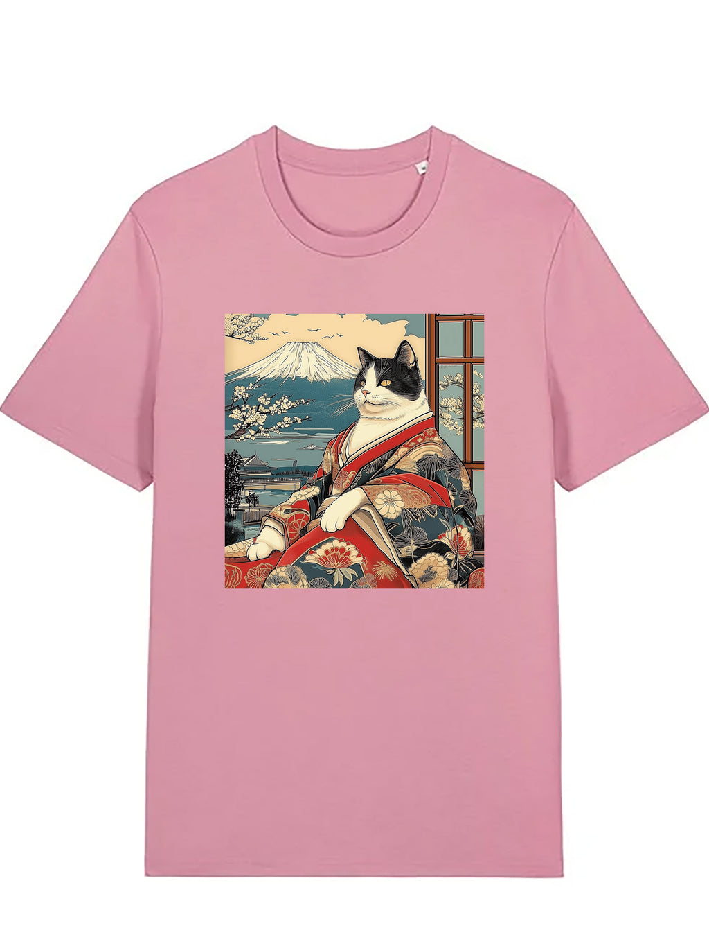 Soft pink organic cotton T-shirt featuring an elegant Japanese art–inspired illustration of a cat wearing a traditional kimono, with Mount Fuji and cherry blossoms in the background
