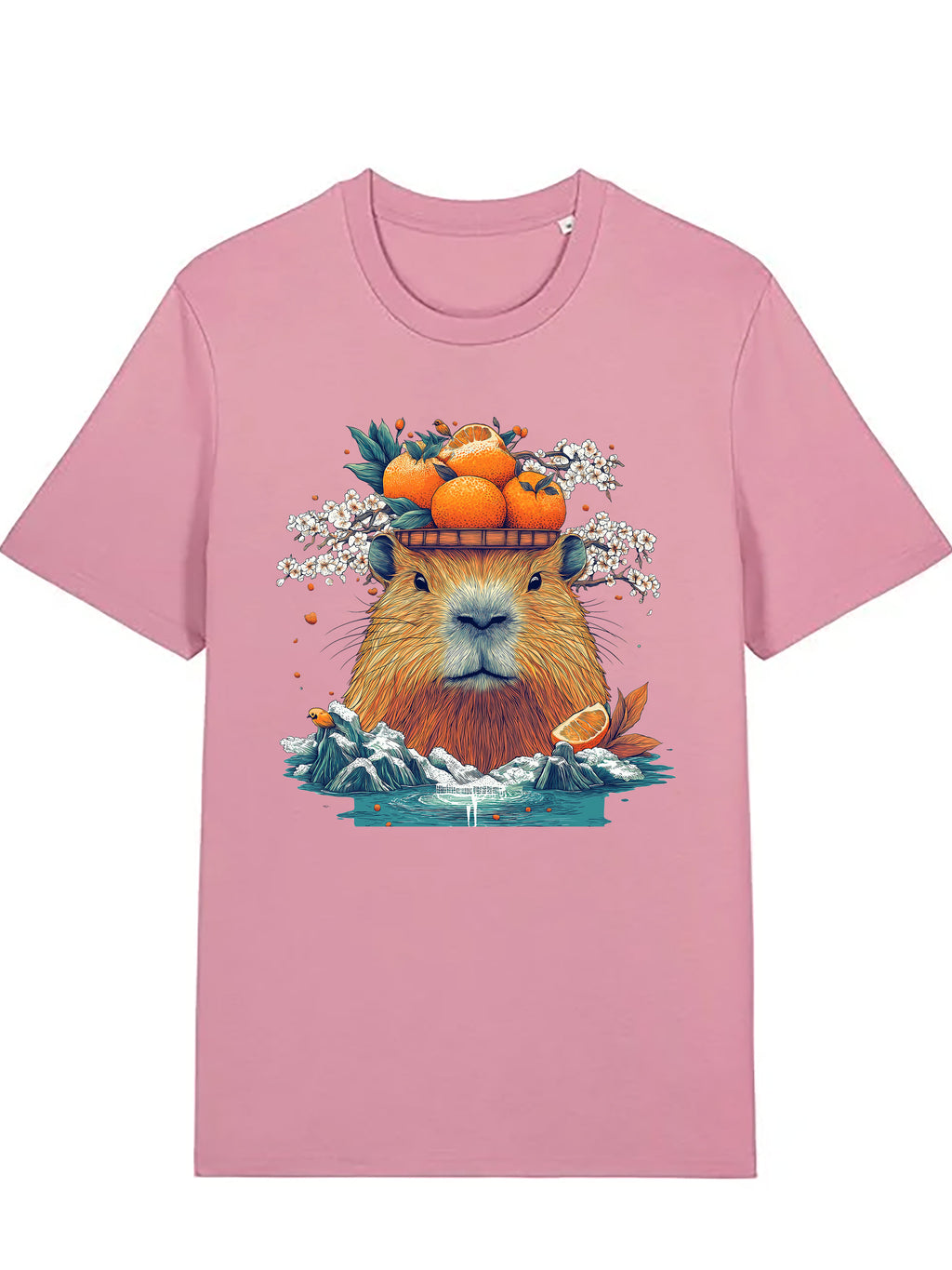 Pink organic cotton T-shirt featuring an artistic capybara illustration with oranges and floral details