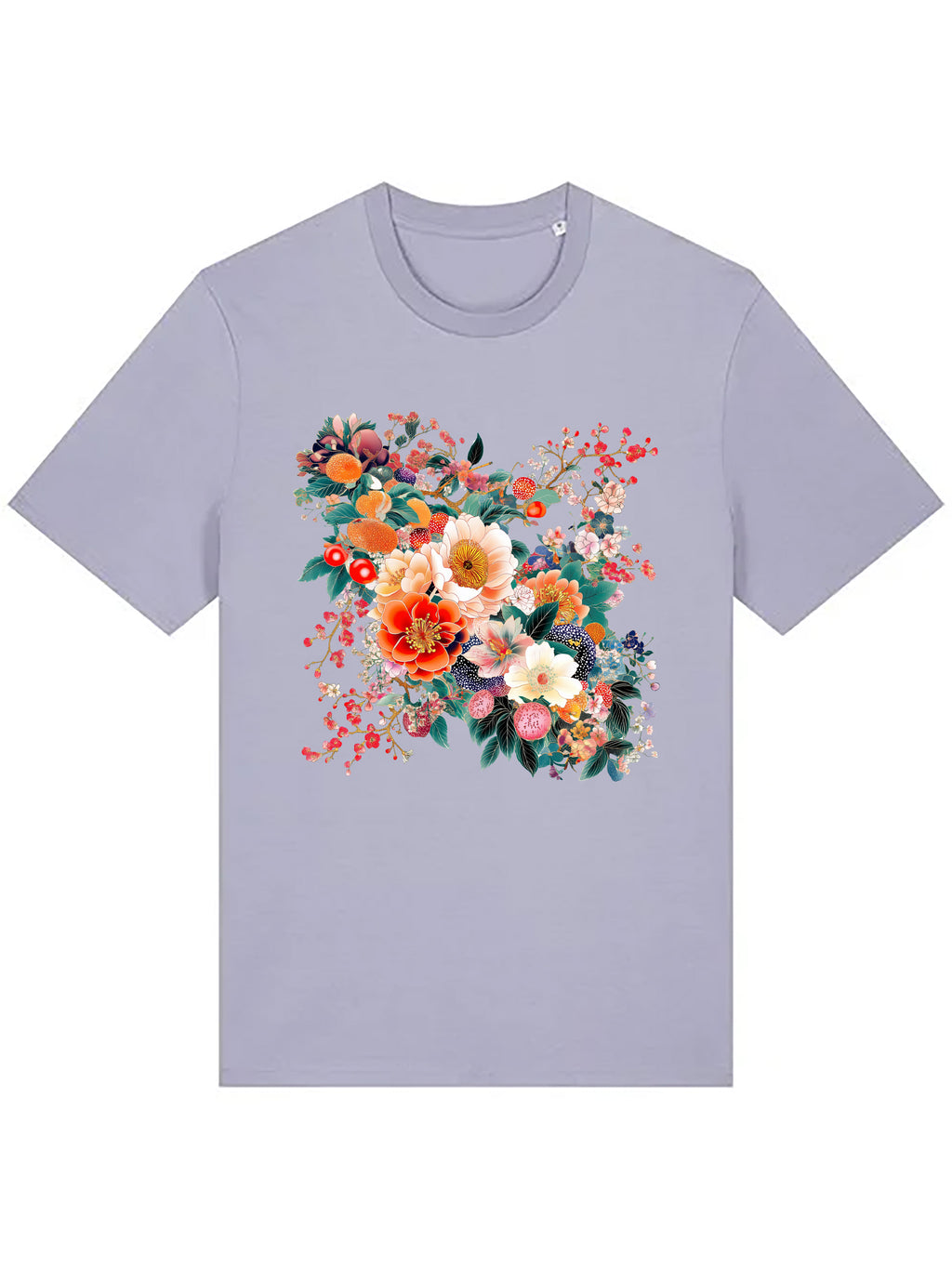 Lavender unisex T-shirt featuring a vibrant floral illustration composed of layered blooms, leaves and delicate botanical details in rich, painterly colours.