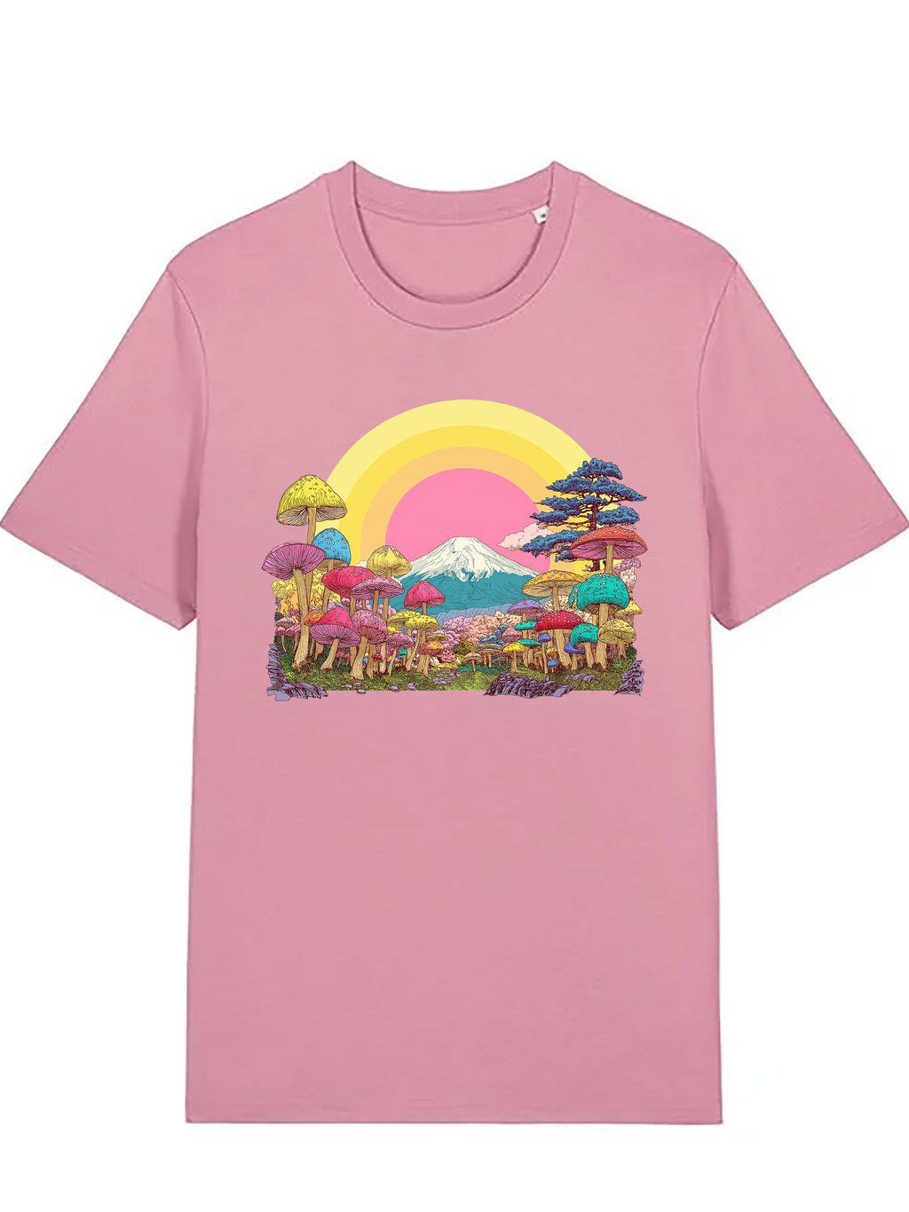 Pink T-shirt featuring a detailed illustration of Mount Fuji framed by a soft rainbow, surrounded by colourful mushrooms and stylised trees in a whimsical Japanese-inspired landscape.
