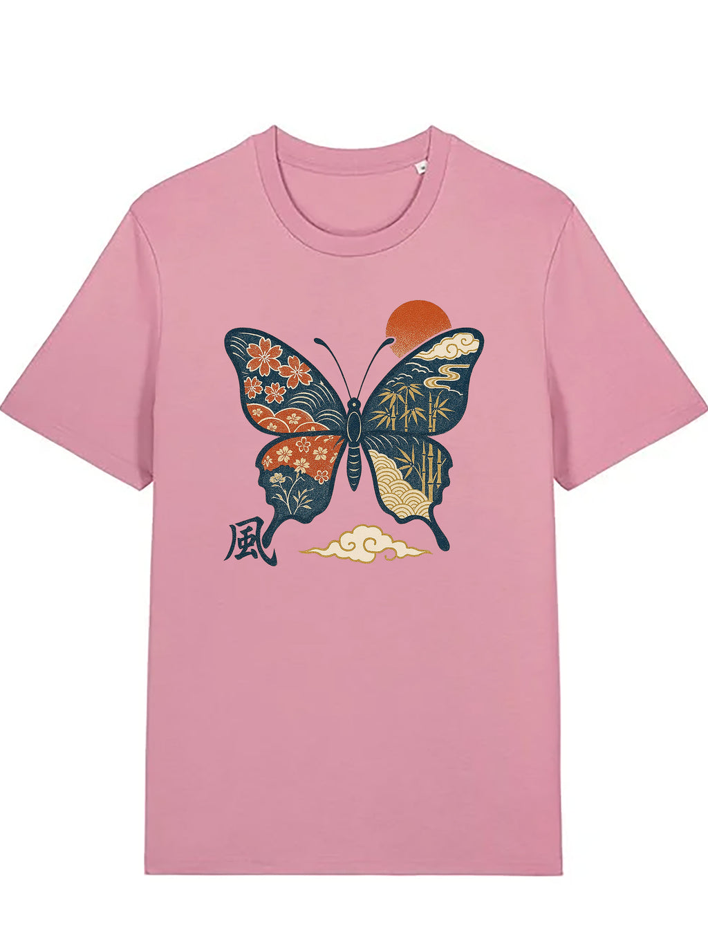 Soft pink T-shirt featuring a Japanese-inspired butterfly motif, decorated with traditional wave, floral and bamboo patterns in deep blue and gold tones, with a subtle red sun and cloud detail.
