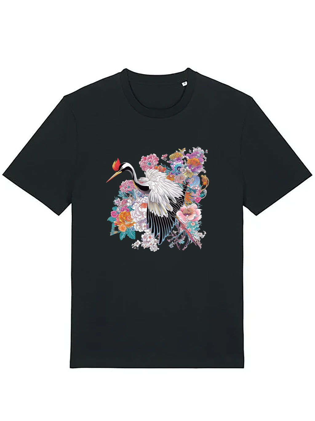 Black cotton T-shirt featuring an elegant crane illustration surrounded by richly detailed floral motifs, inspired by traditional Japanese art.