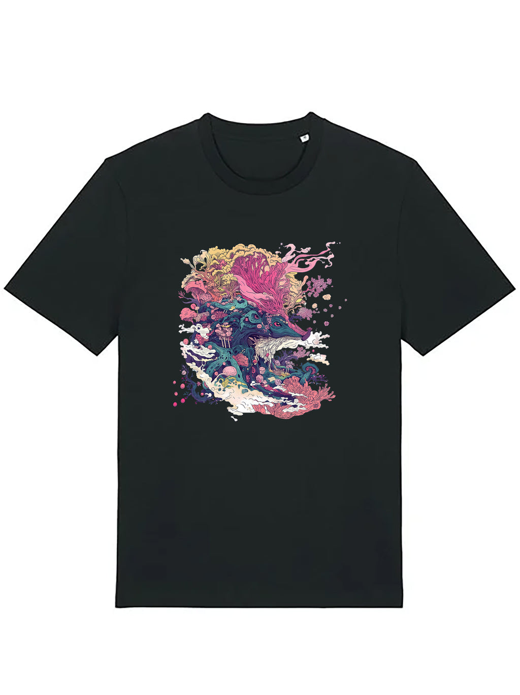 Black T-shirt featuring a surreal, Japanese-inspired yokai illustration with flowing organic forms and psychedelic color details.