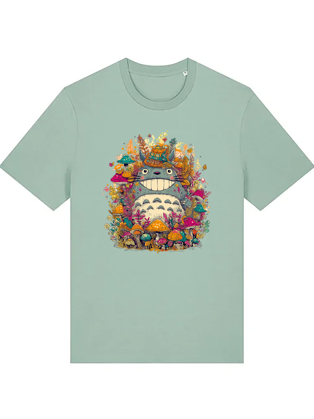 Premium organic cotton T-shirt featuring a whimsical Japanese-inspired forest spirit illustration surrounded by detailed flora, blending contemporary art with playful folklore aesthetics