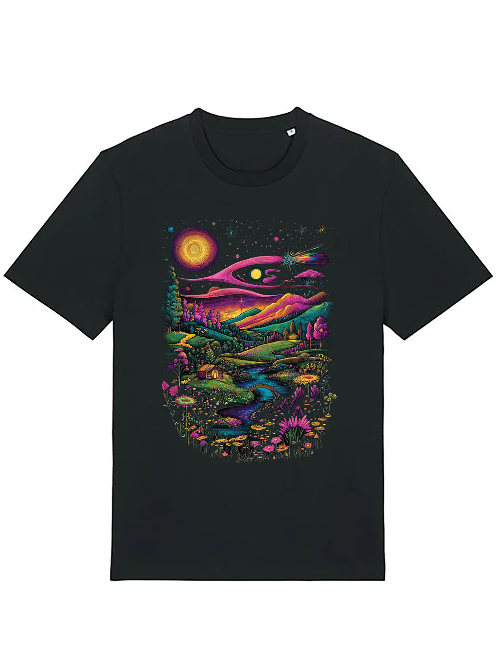 Black T-shirt featuring a richly detailed psychedelic landscape illustration with flowing hills, stars, and cosmic elements, inspired by surreal art and nature motifs.