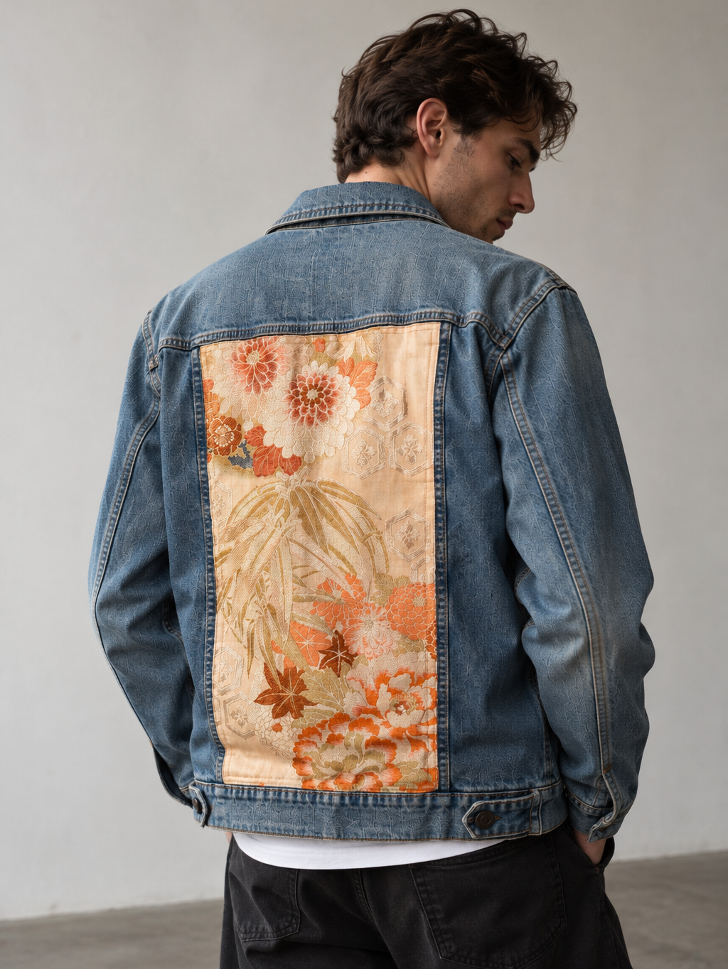 Japanese Obi Denim Jacket – One of One Reworked Vintage Silk Panel