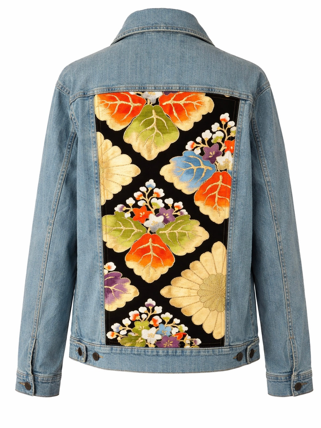 Upcycled Denim Jacket – Vintage Obi Silk, Diamond Pattern with Chrysanthemum & Paulownia