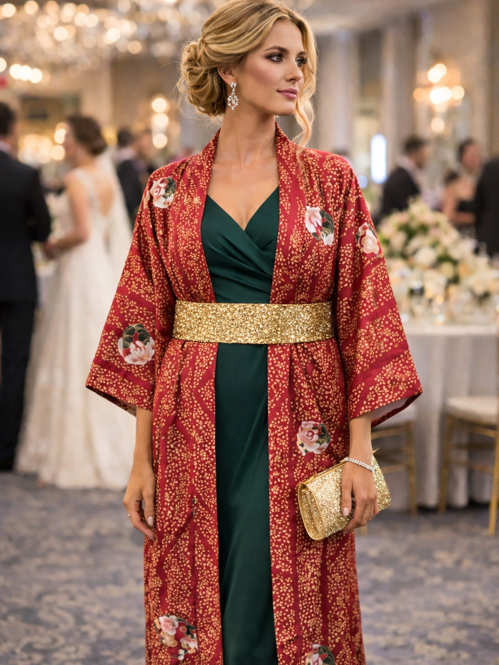 A stylish European woman attending a wedding reception, wearing a red vintage Japanese kimono styled as a gown over a deep green long dress. The kimono features delicate gold detailing and floral motifs. A wide shimmering gold belt is worn over the kimono to accentuate the waist, paired with a matching glittering gold clutch bag. Her hair is elegantly styled in an updo, and she wears statement jewellery, standing in a softly lit party venue.