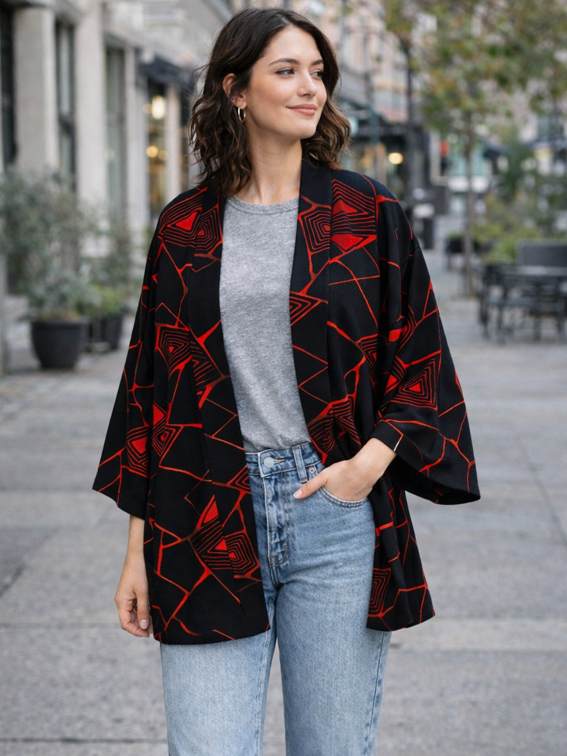 Female model wearing an upcycled Japanese kimono haori in black with red geometric pattern, styled casually for daily use, blending traditional fabric with contemporary outfit