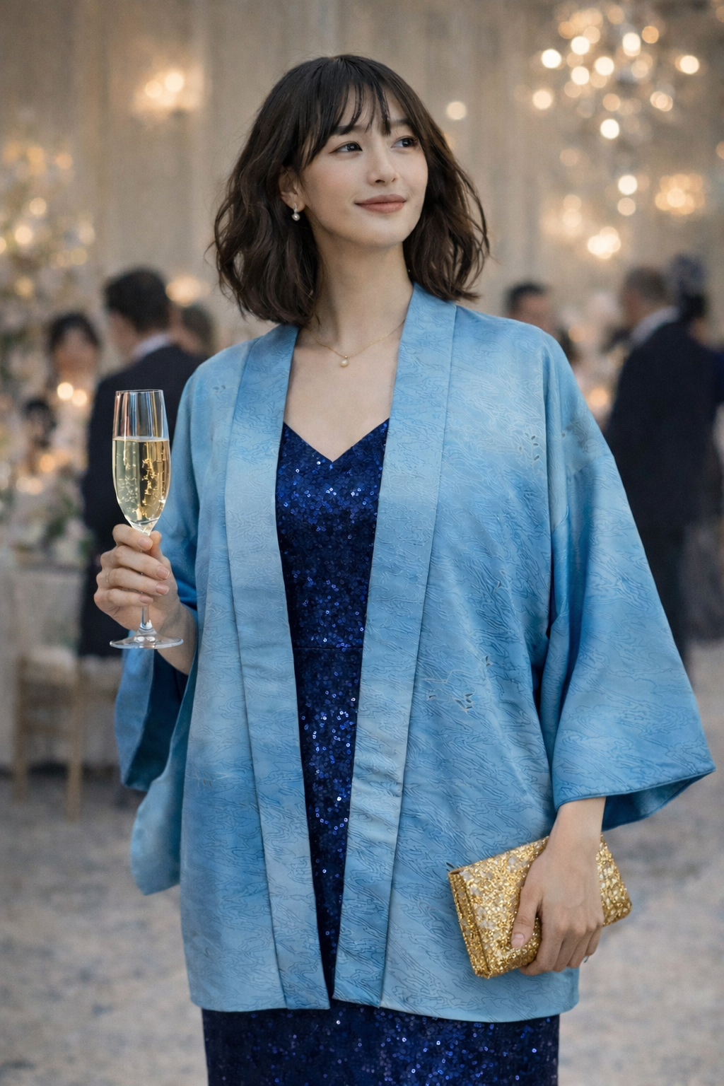 Traditional Japanese haori jacket in a soft blue gradient, displayed on a mannequin against a clean white background. The silk fabric features a subtle woven wave pattern with delicate small floral embroidery, wide sleeves, and an open front, photographed with smooth drape and minimal creasing to highlight texture and colour.