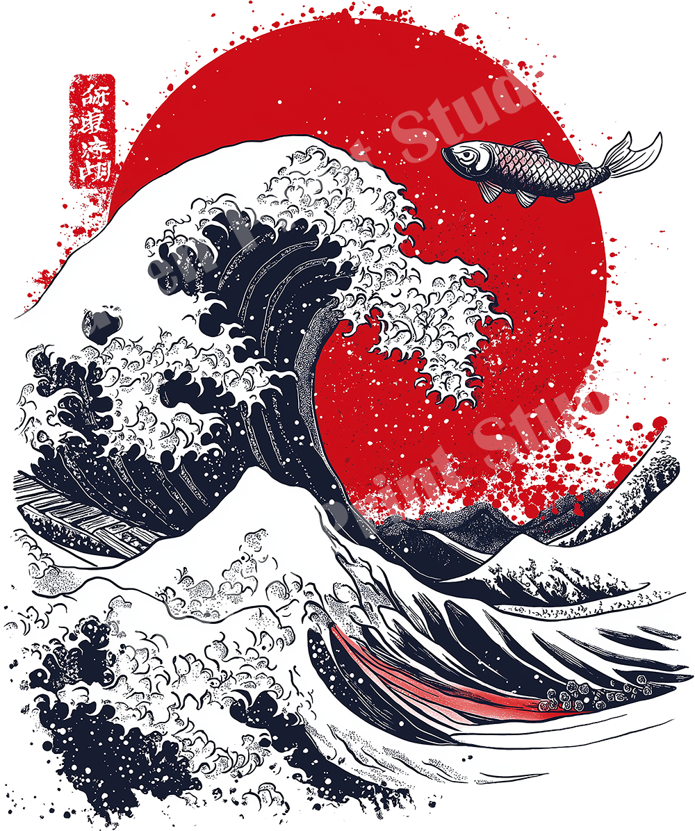 Wave and Koi fish Organic Cotton T-shirts