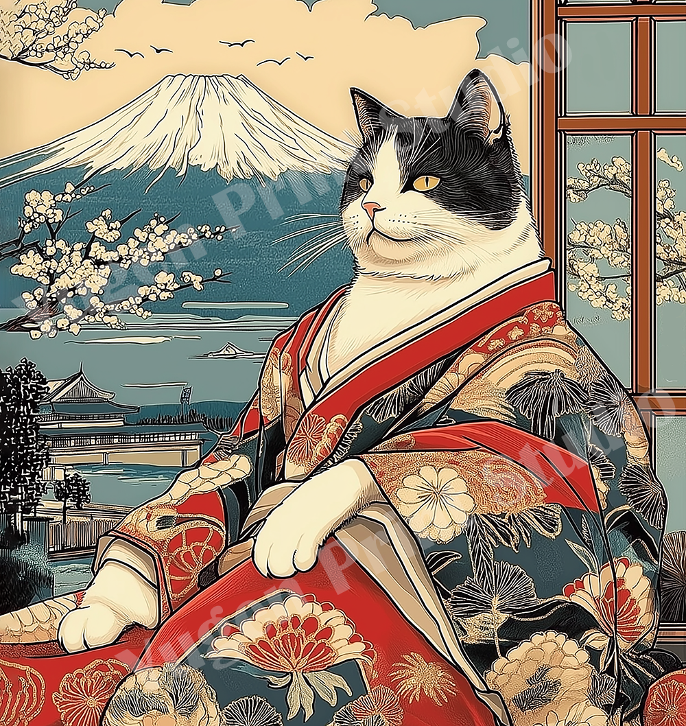 Samurai Cat and Mt.Fuji Organic Cotton T-shirts