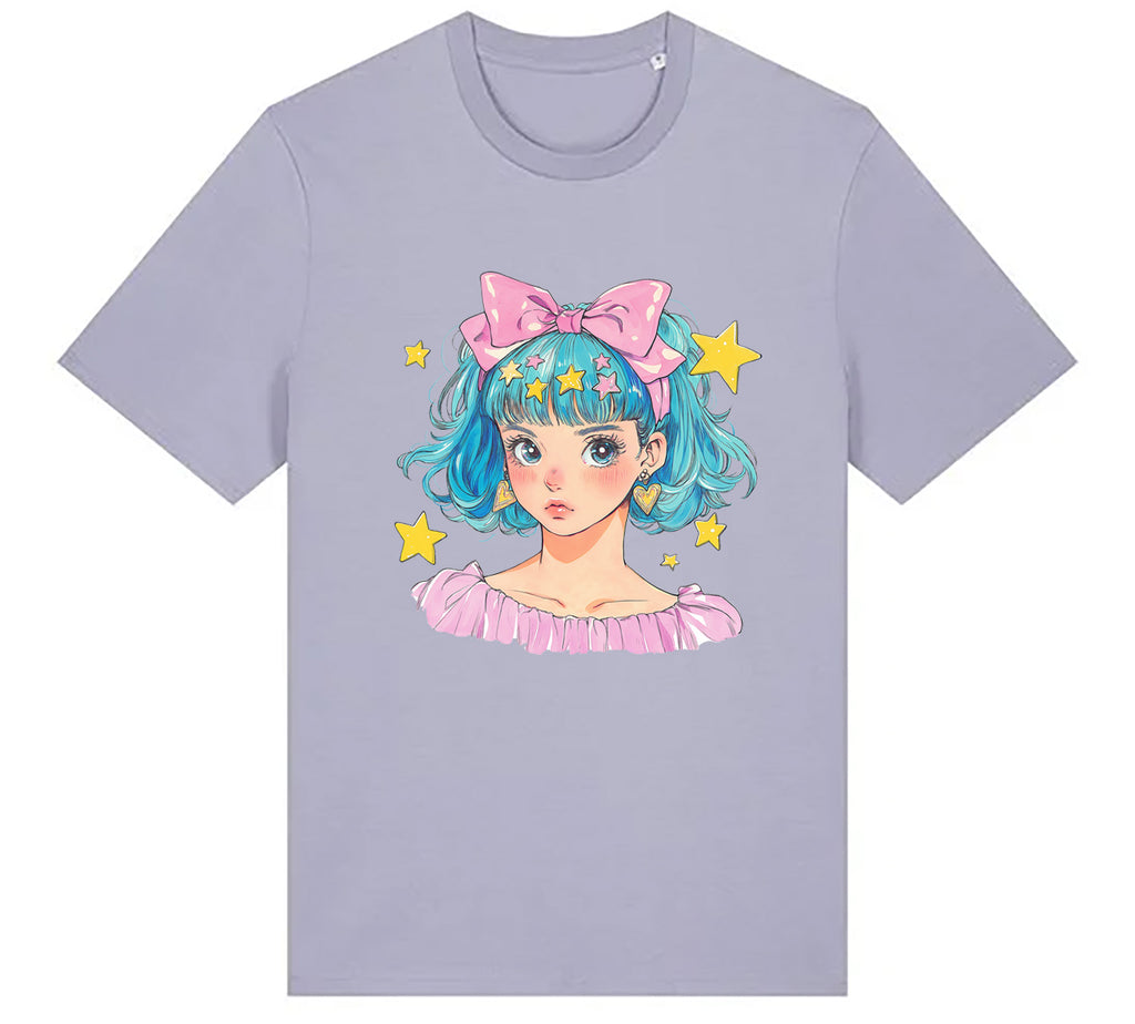 Light purple T-shirt with a detailed Japanese-inspired kawaii illustration of a blue-haired girl wearing a pink bow and star accessories, blending cute anime aesthetics with soft pastel colours.