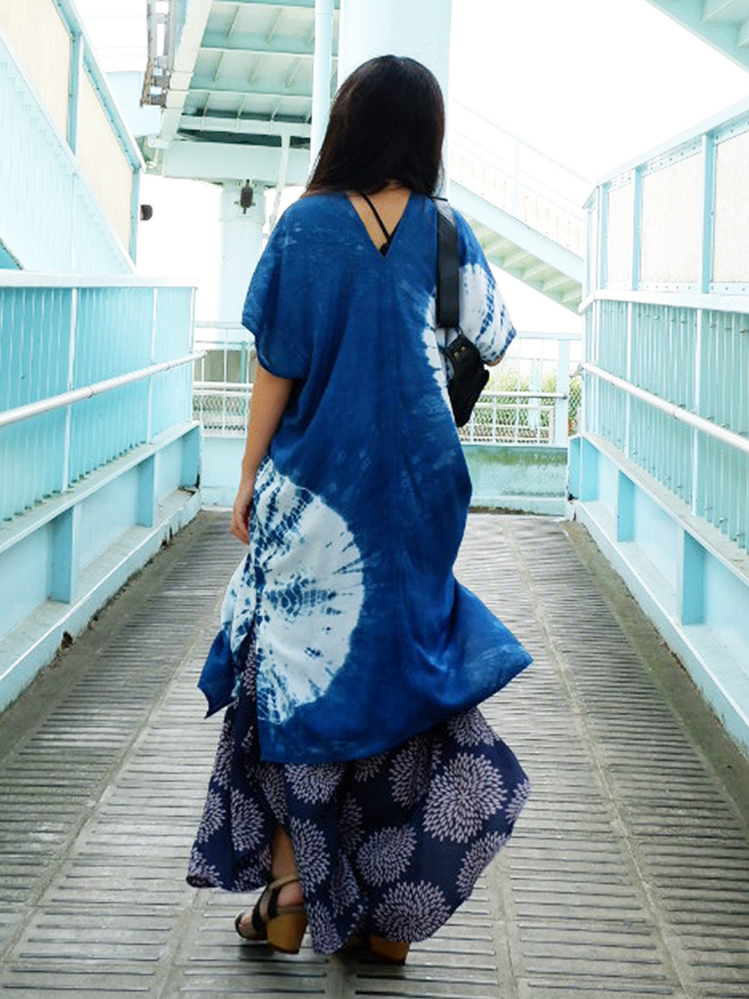 Indigo tie dye short kaftan dress