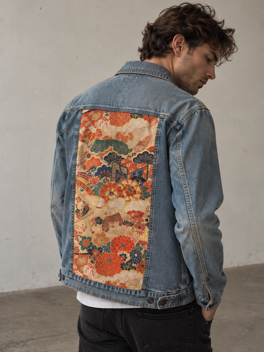 Japanese Obi Denim Jacket – One of One Reworked Vintage Silk Panel