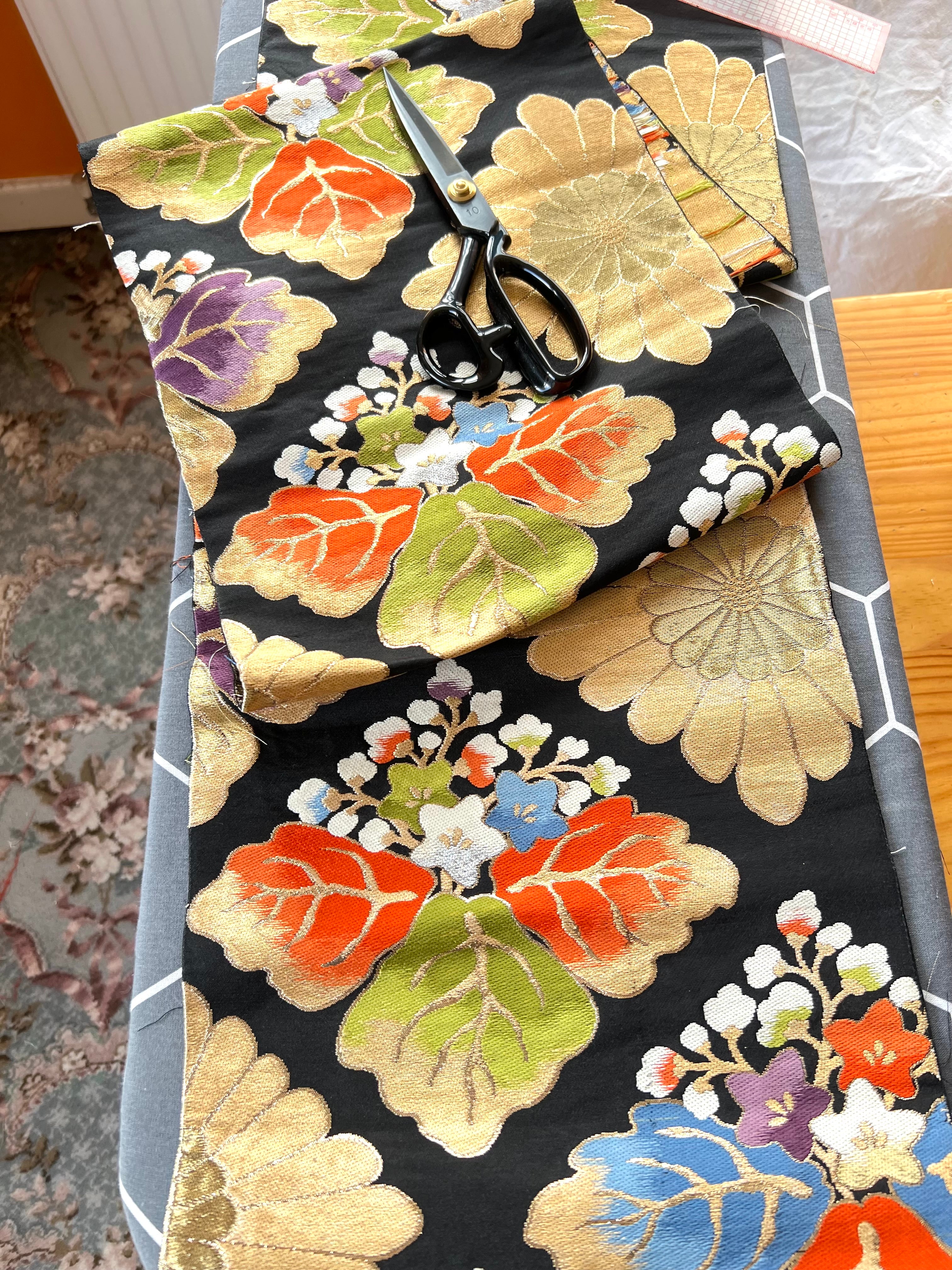 Upcycled Denim Jacket – Vintage Obi Silk, Diamond Pattern with Chrysanthemum & Paulownia