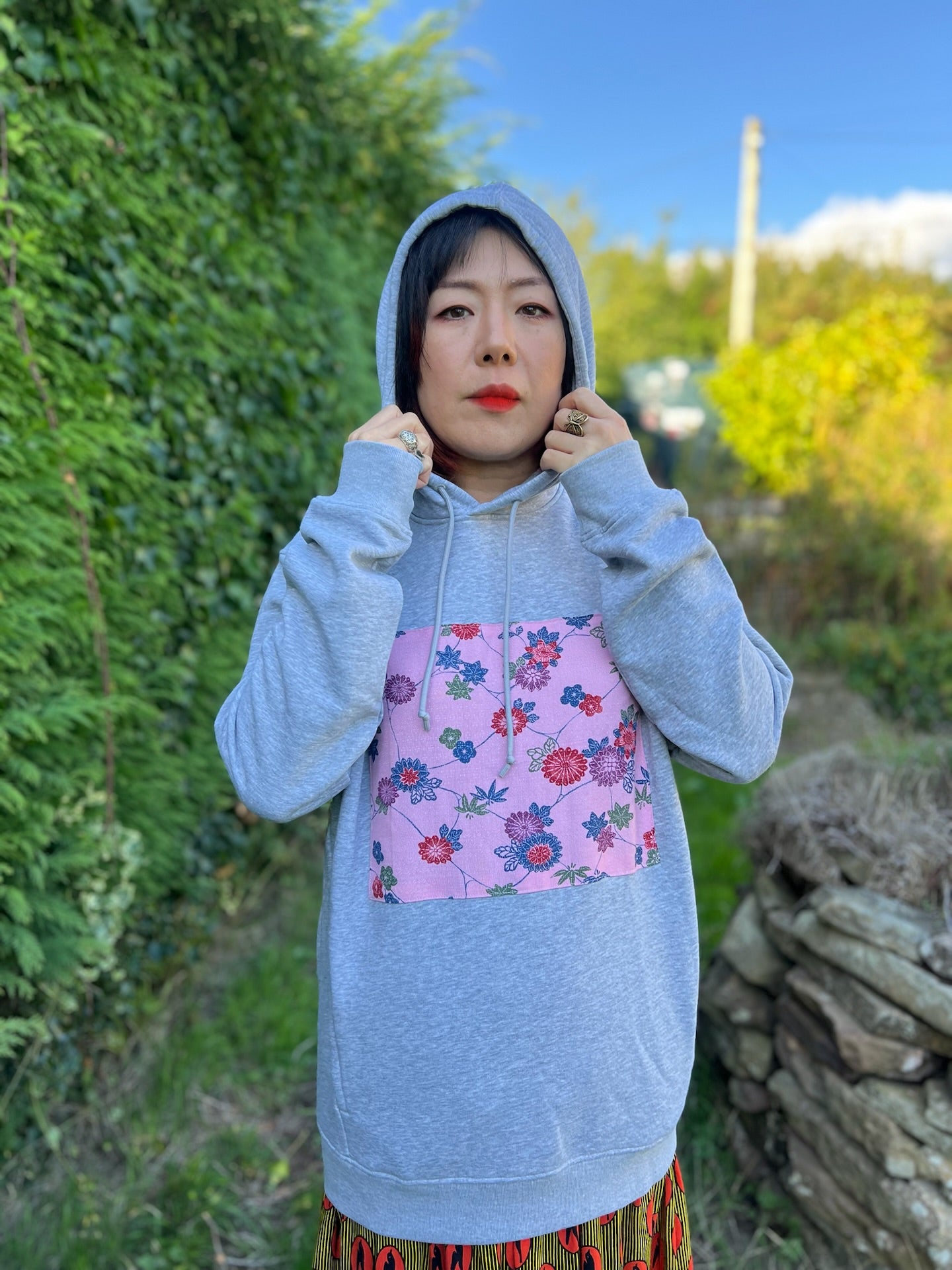 Handmade Upcycled Kimono Organic Cotton Hoodie L size