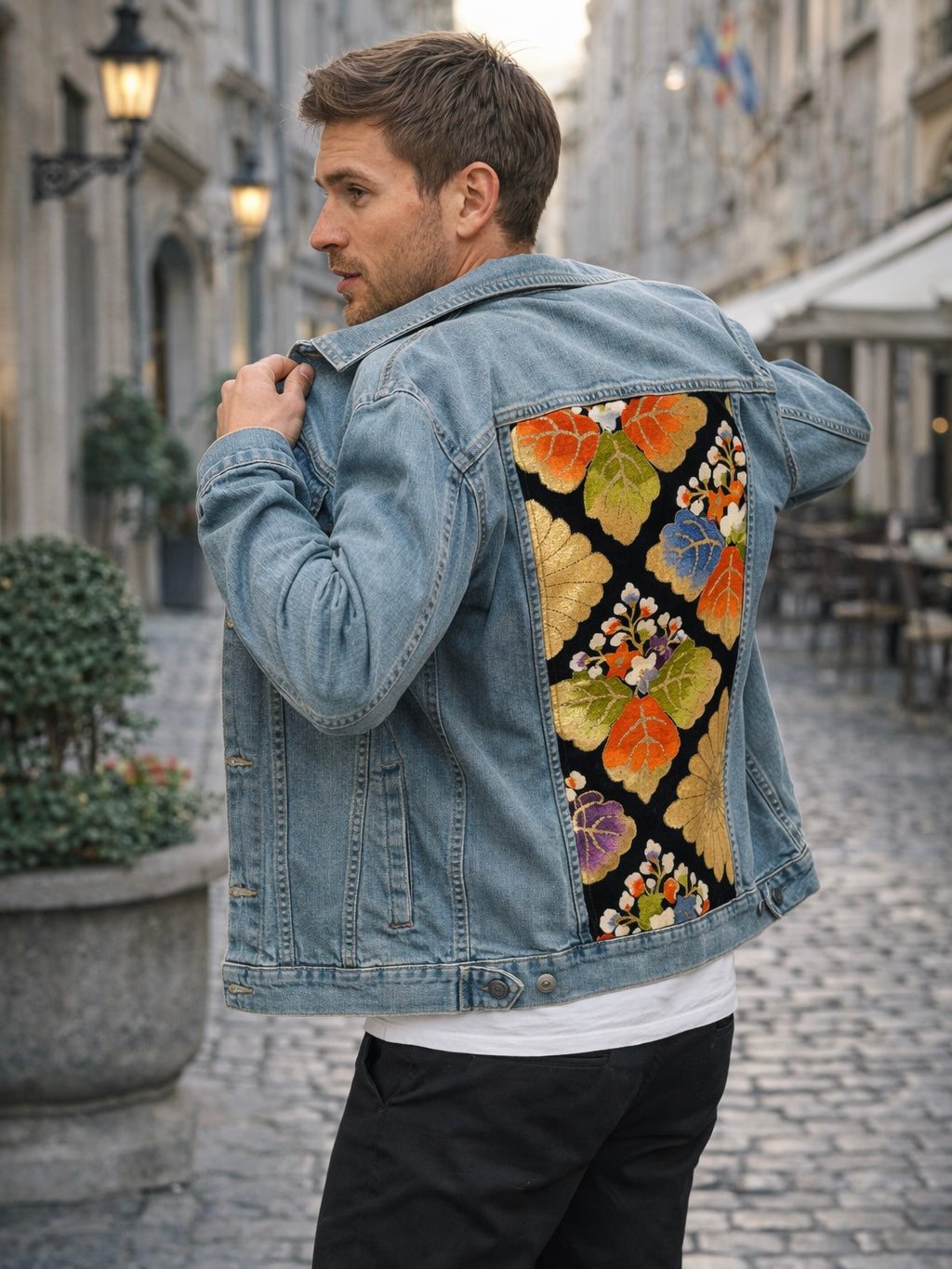 Upcycled Denim Jacket – Vintage Obi Silk, Diamond Pattern with Chrysanthemum & Paulownia