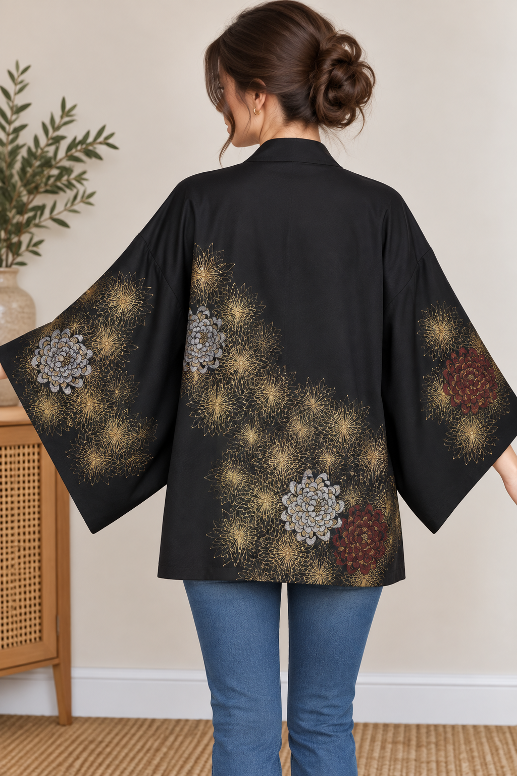 Vintage Japanese Black Floral Kimono Jacket – Gold Chrysanthemum Haori
