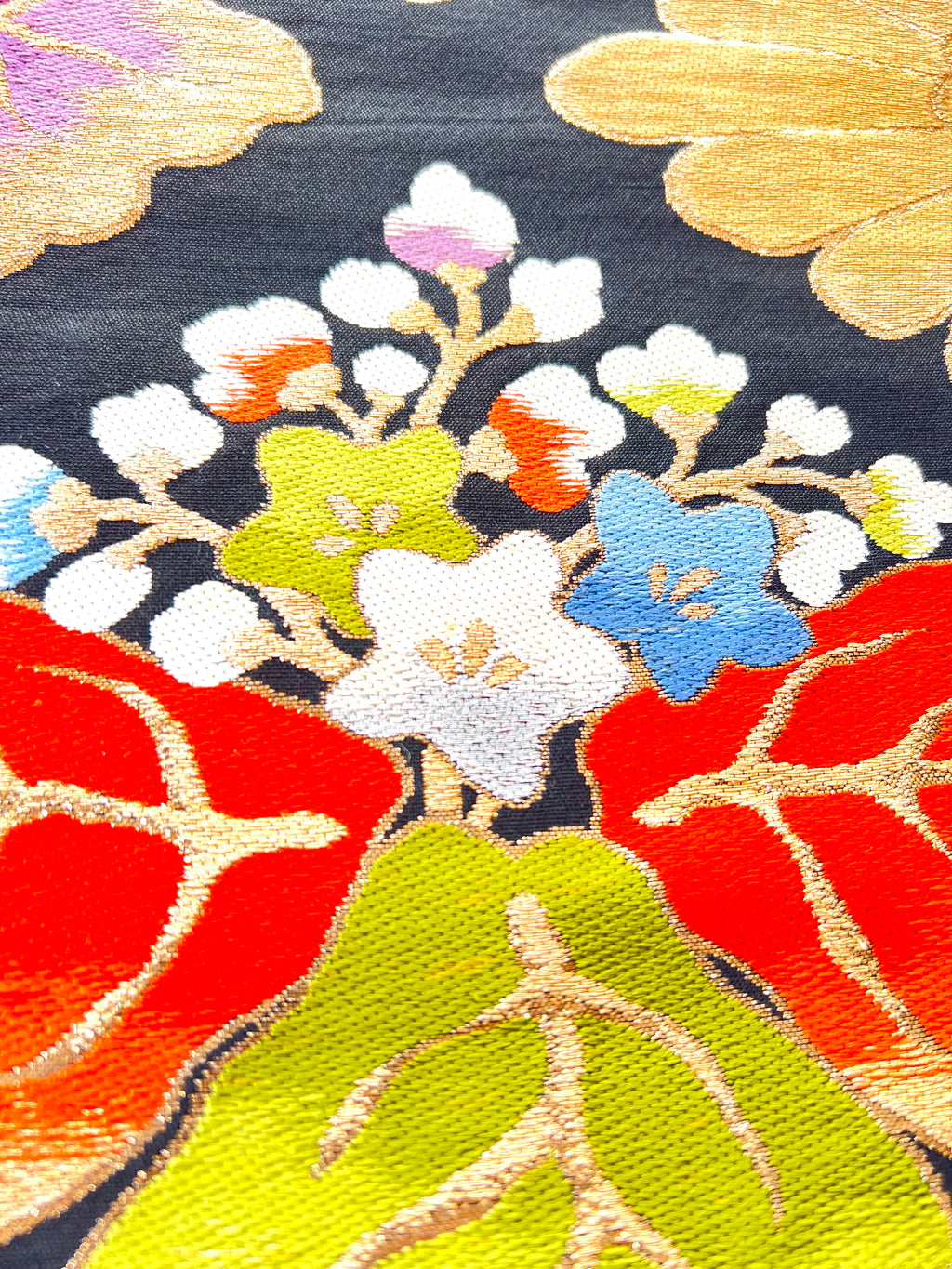 Upcycled Denim Jacket – Vintage Obi Silk, Diamond Pattern with Chrysanthemum & Paulownia