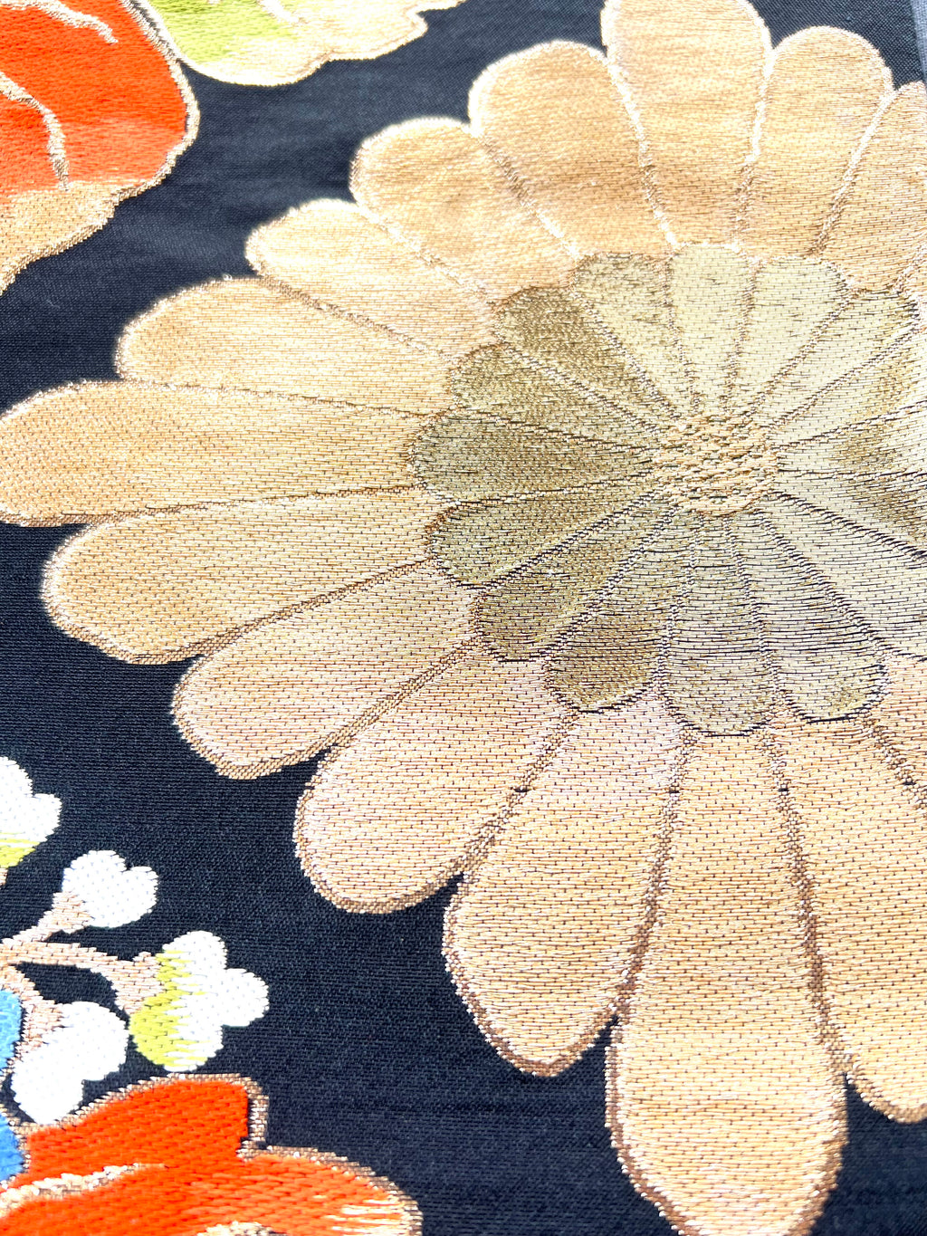 Upcycled Denim Jacket – Vintage Obi Silk, Diamond Pattern with Chrysanthemum & Paulownia