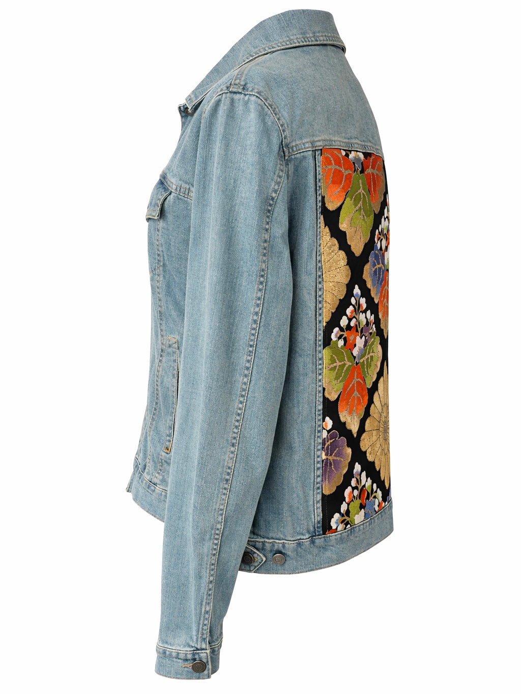 Upcycled Denim Jacket – Vintage Obi Silk, Diamond Pattern with Chrysanthemum & Paulownia