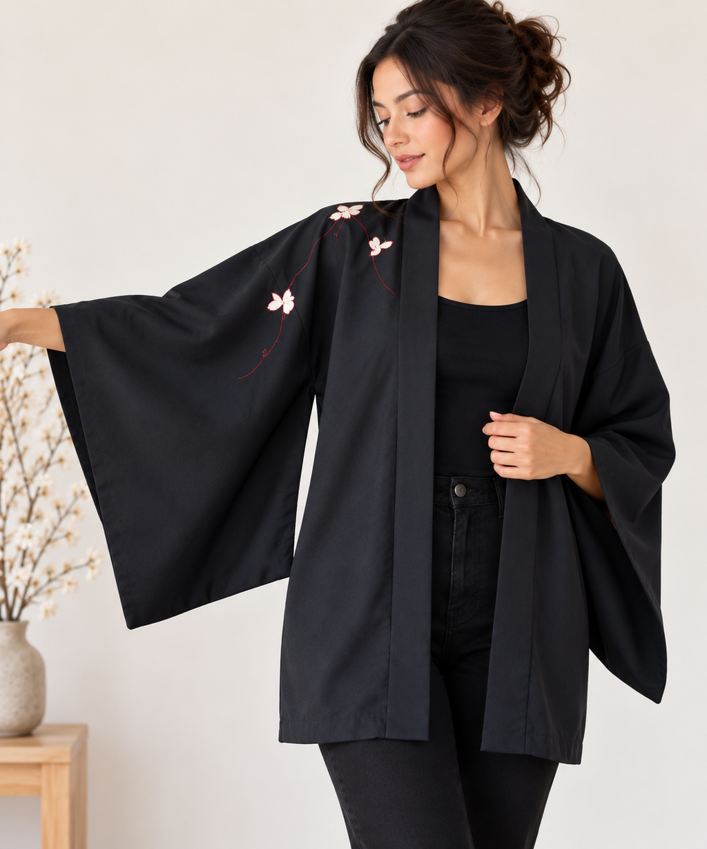 Vintage Japanese Kimono Jacket – Black Floral Embroidered Haori