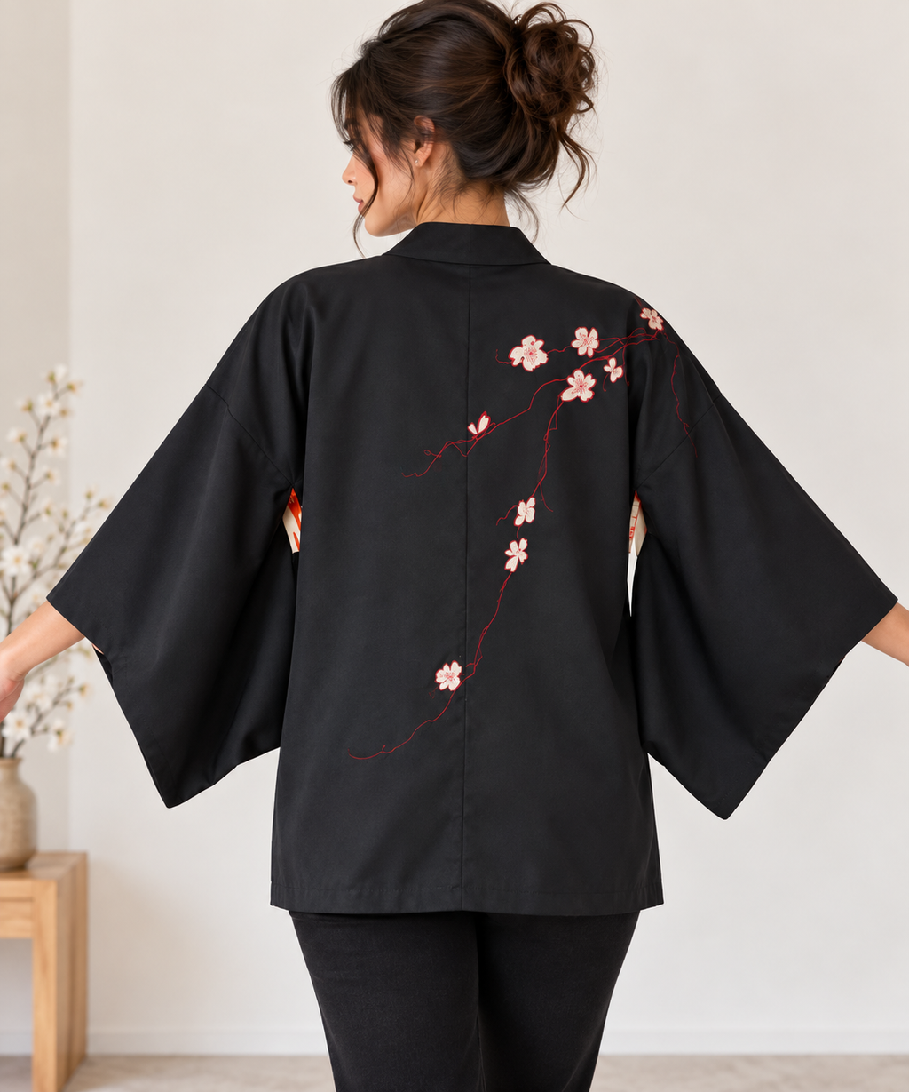 Vintage Japanese Kimono Jacket – Black Floral Embroidered Haori
