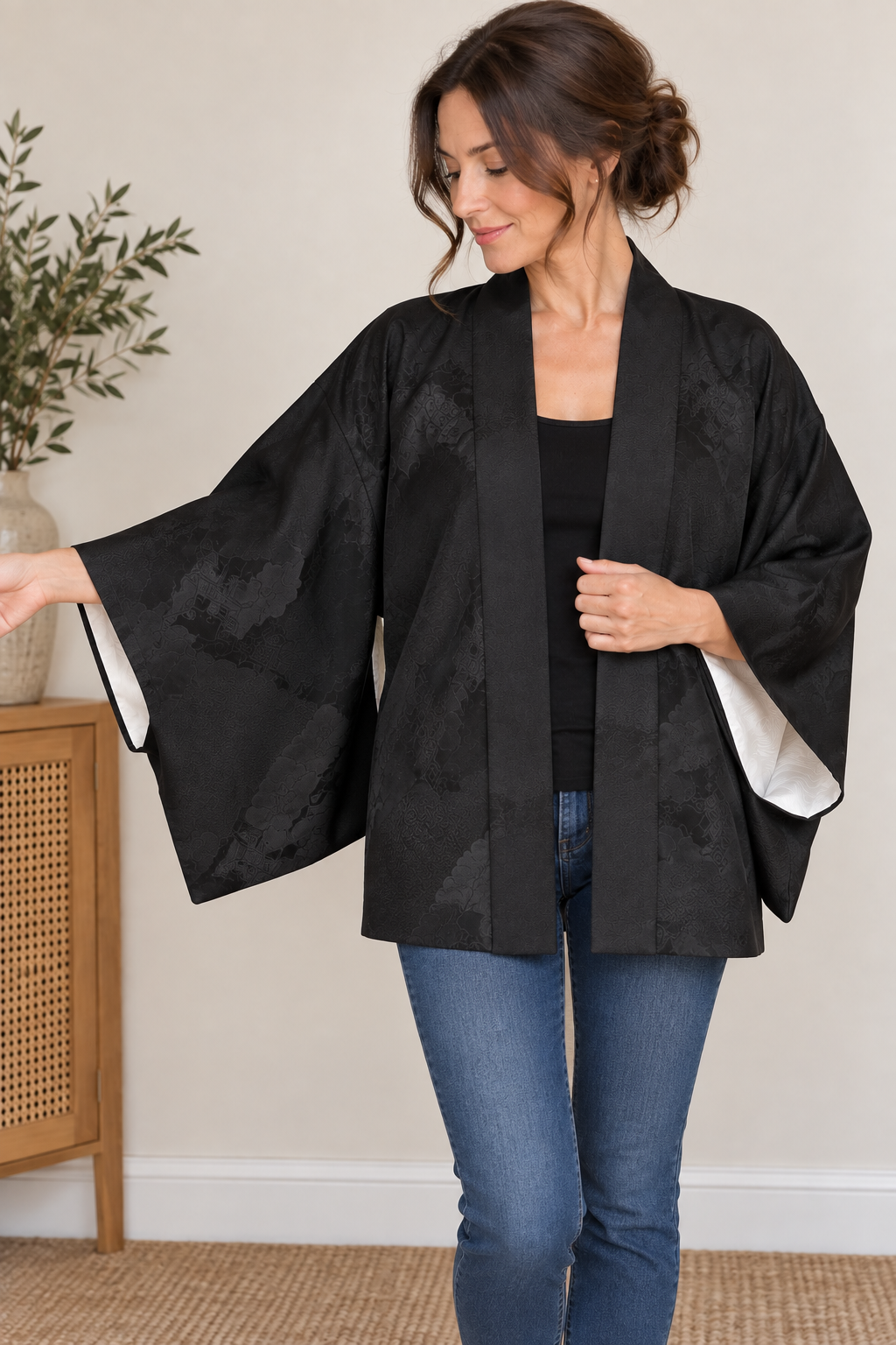 Vintage Japanese Black Kimono Jacket – Woven Haori with Crest