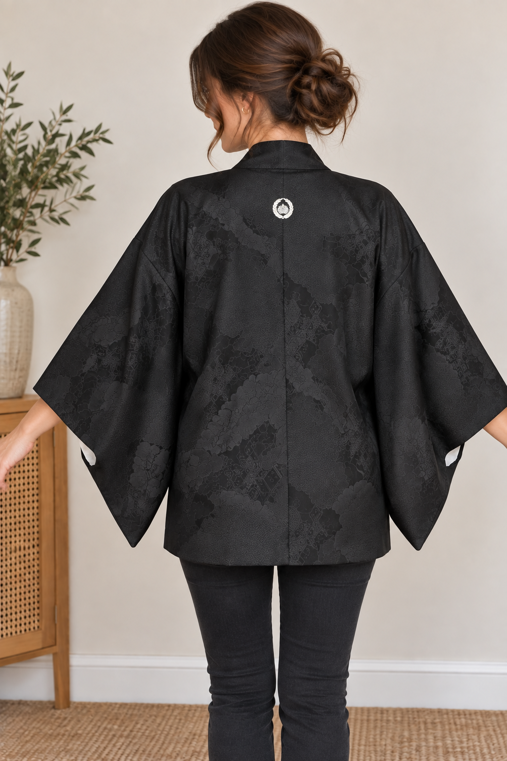 Vintage Japanese Black Kimono Jacket – Woven Haori with Crest