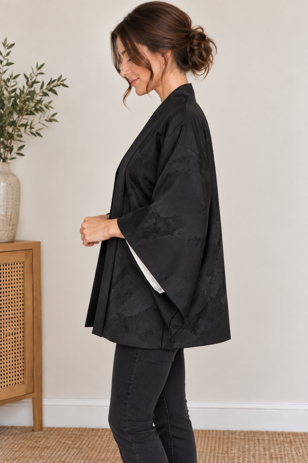 Vintage Japanese Black Kimono Jacket – Woven Haori with Crest