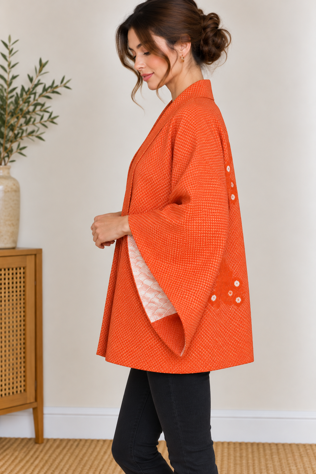 Vintage Japanese Orange Shibori-Style Kimono Jacket