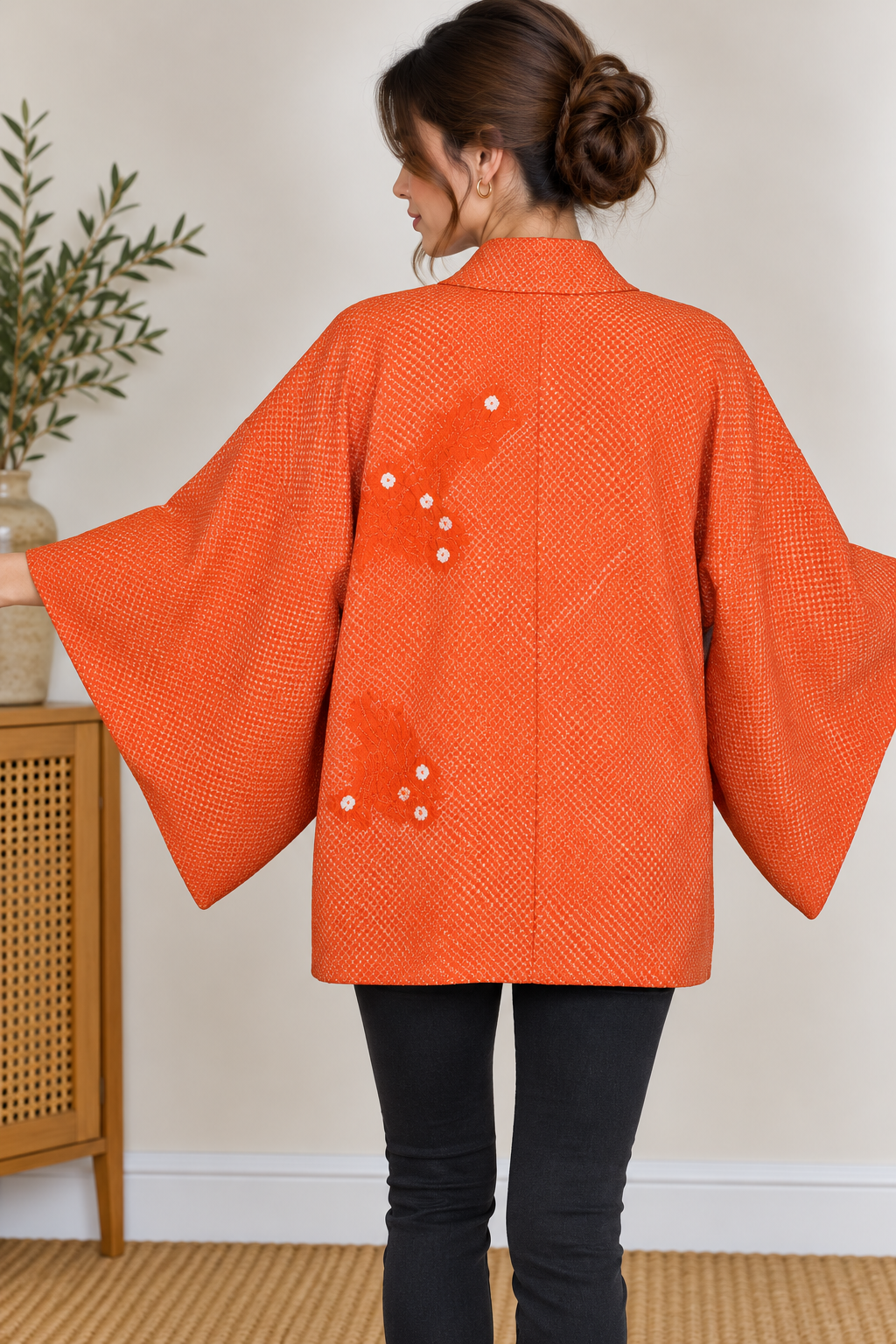 Vintage Japanese Orange Shibori-Style Kimono Jacket