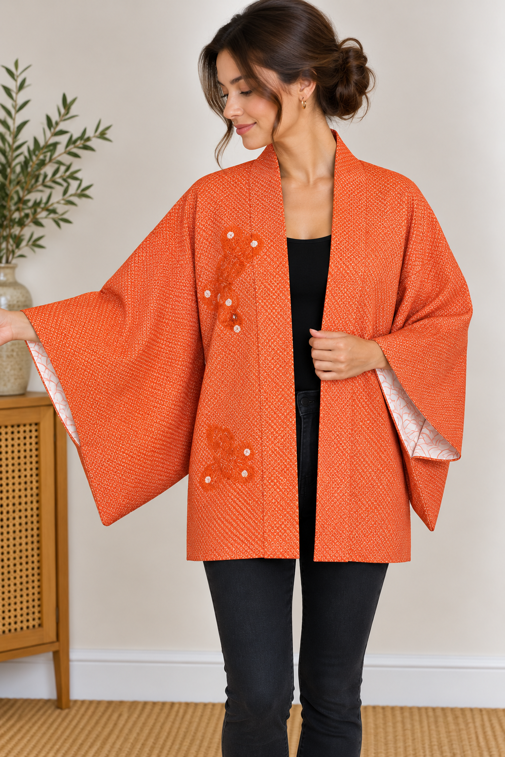 Vintage Japanese Orange Shibori-Style Kimono Jacket