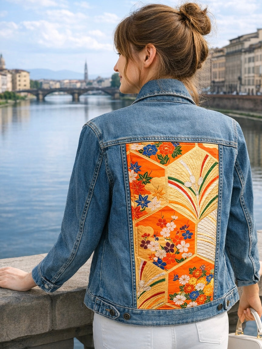 Japanese Obi Denim Jacket – One of One Reworked Vintage Silk Panel