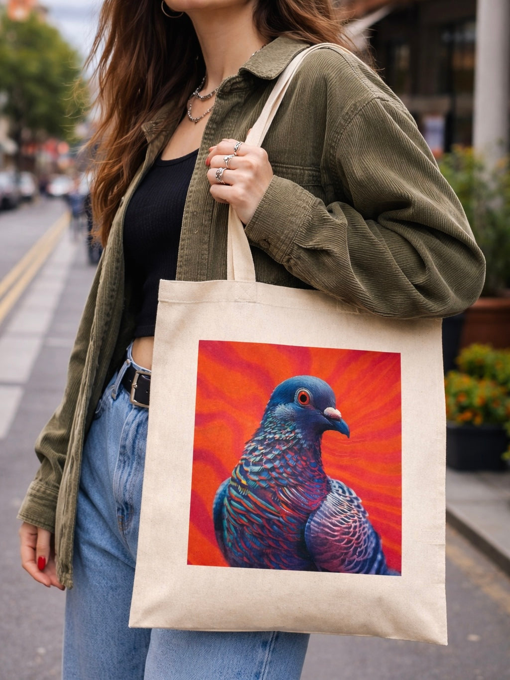 Young woman carrying a natural canvas art tote bag with a vibrant pigeon illustration, styled in an urban street setting.