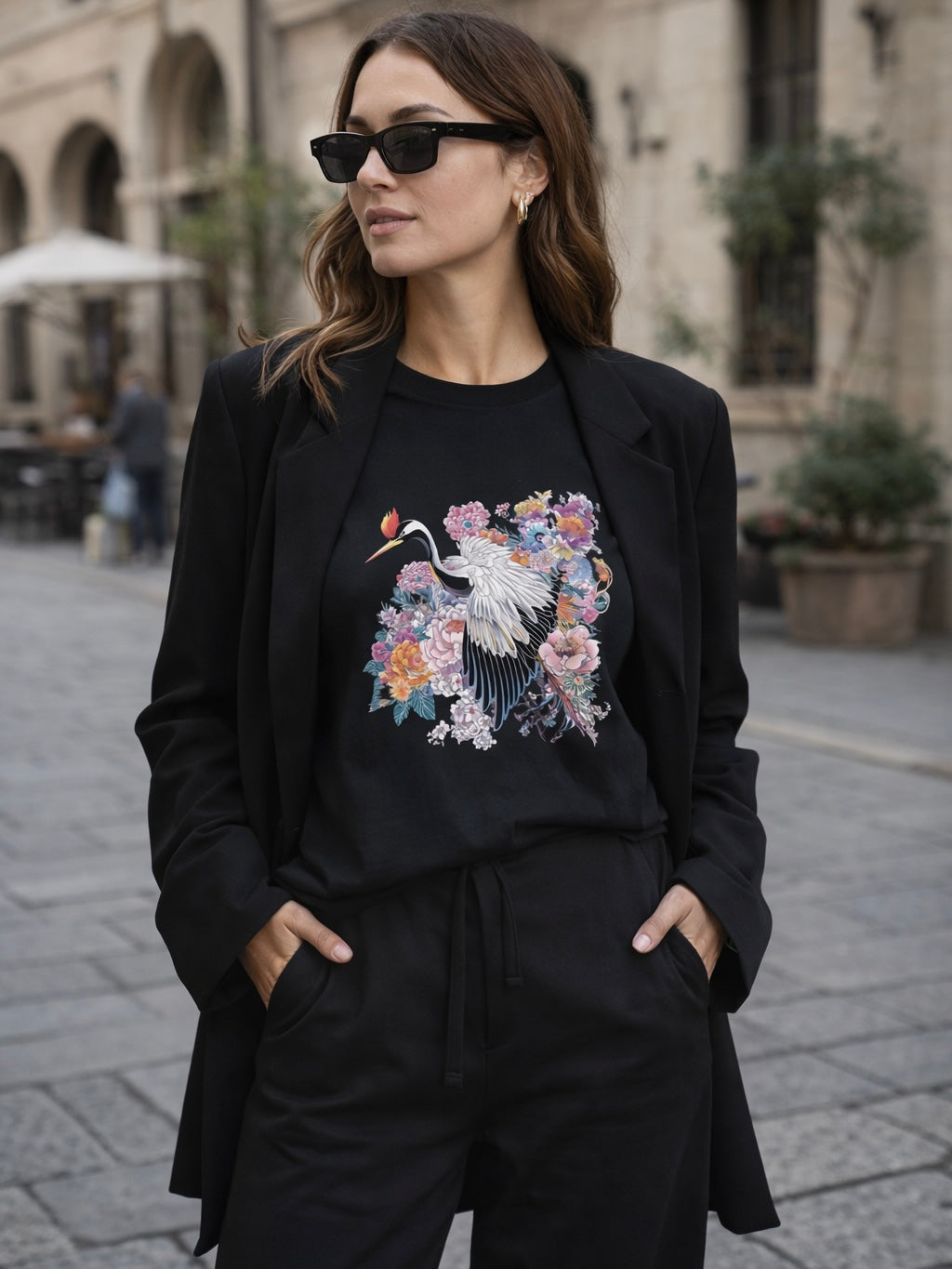 Crane and Japanese Flower Organic Cotton T-shirts