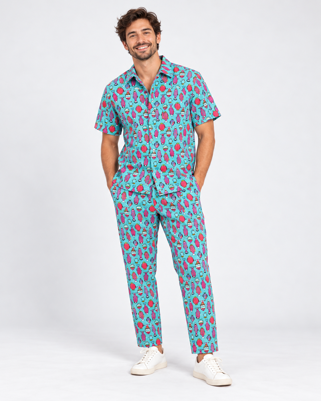 Unisex Fish Print Cotton Tapered Trousers