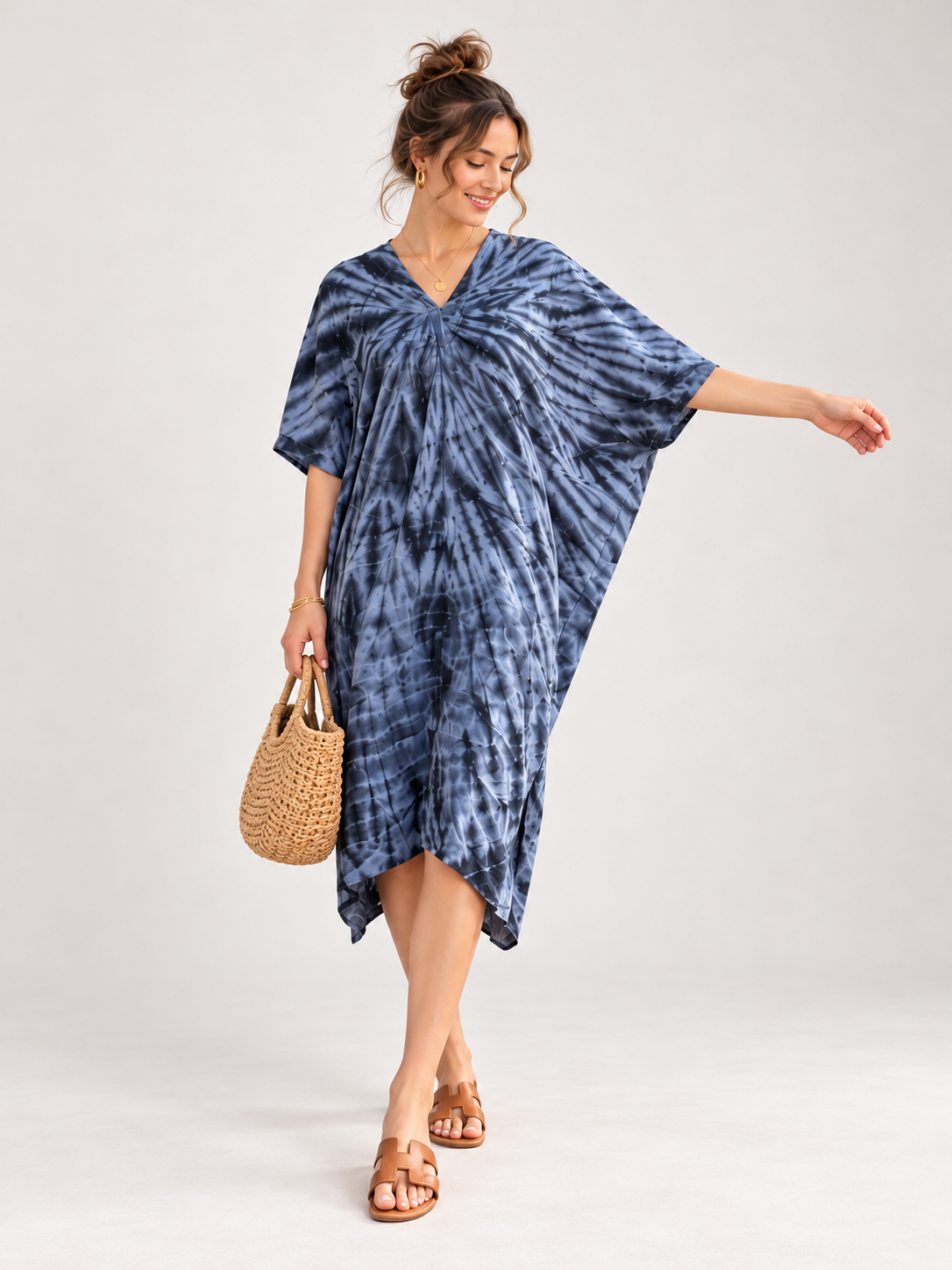 Hand Dyed Cotton Viscose Tie-Dye Kaftan Dress