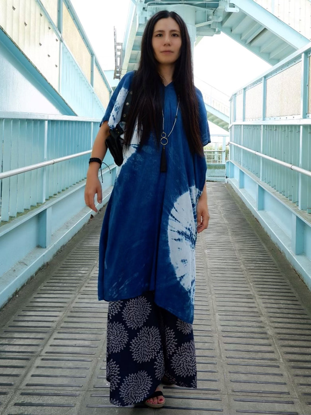 Indigo tie dye short kaftan dress