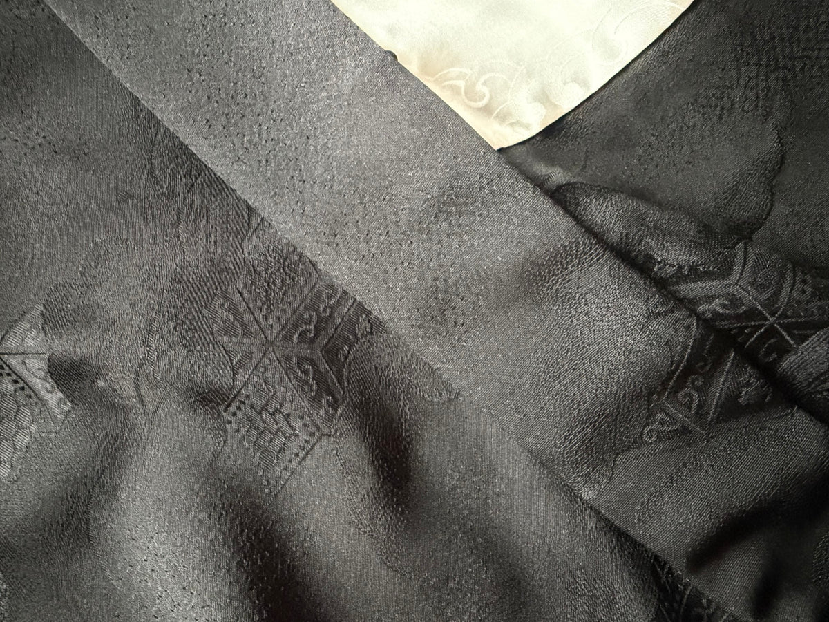 Vintage Japanese Black Kimono Jacket – Woven Haori with Crest