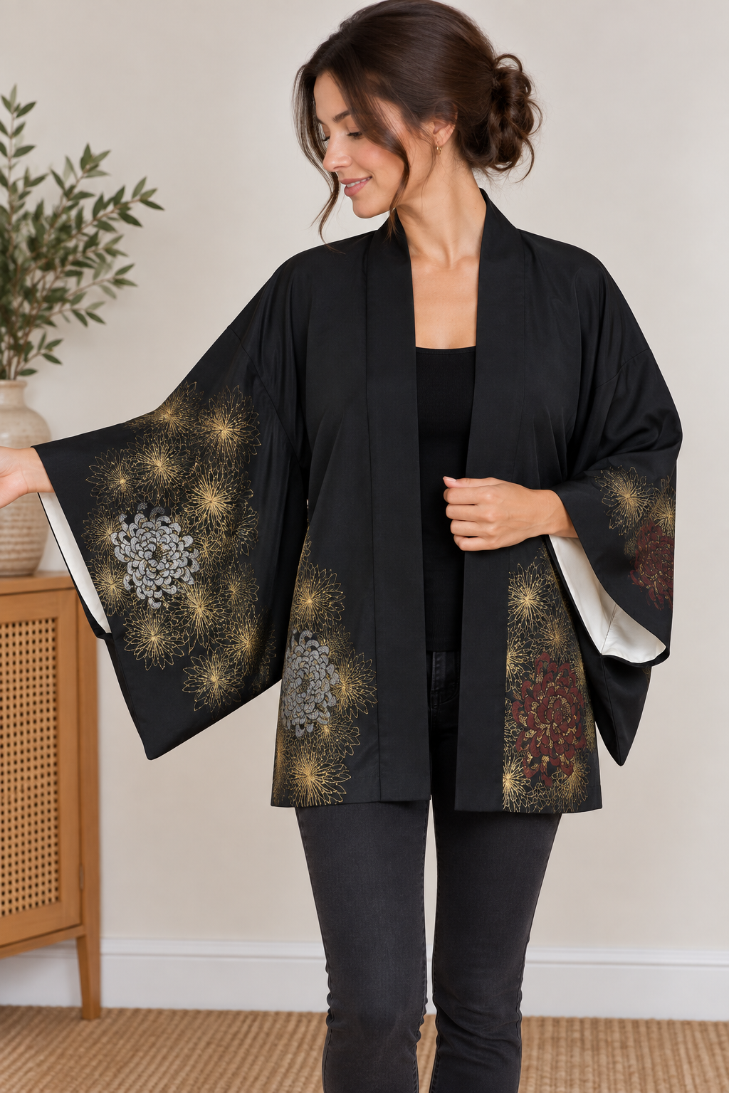 Vintage Japanese Black Floral Kimono Jacket – Gold Chrysanthemum Haori